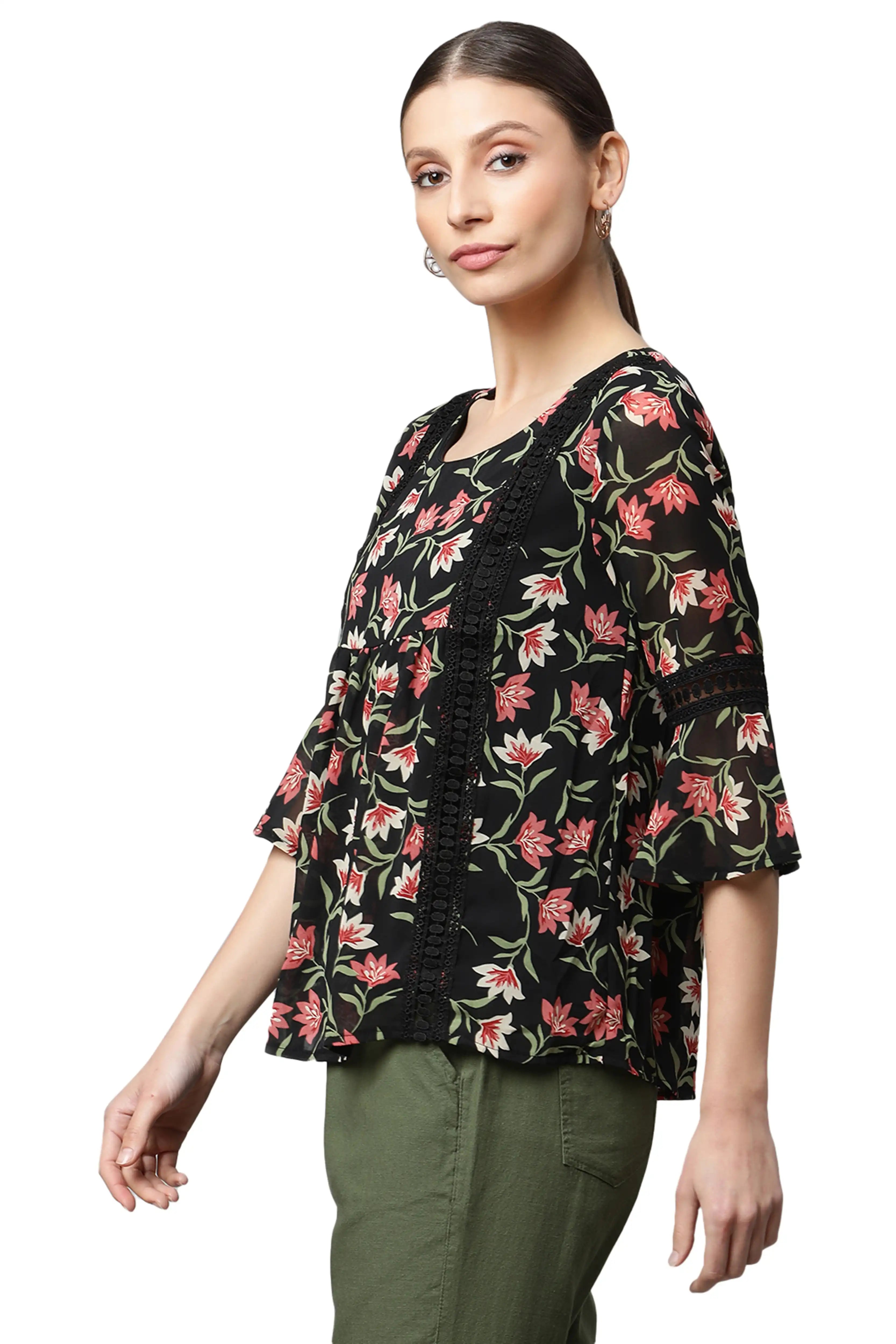 Black Floral Georgette Top