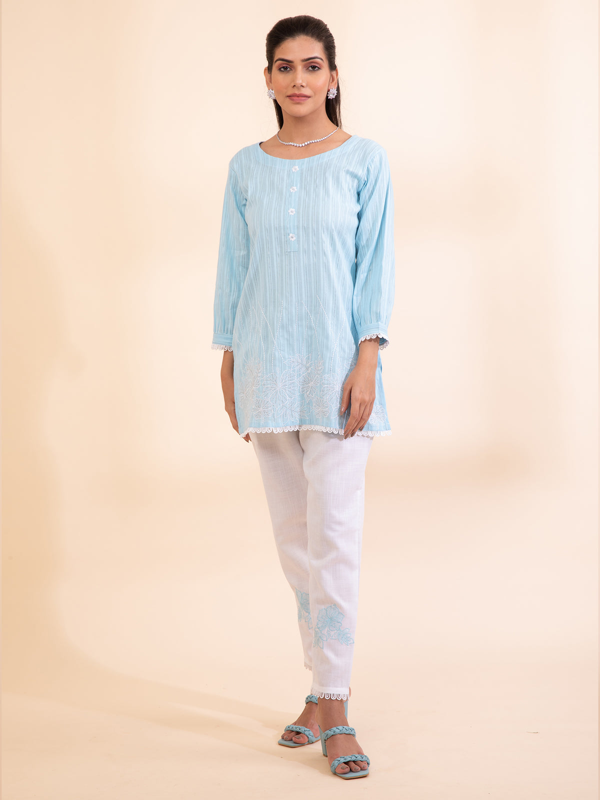 Women Sky Blue Round Neck Printed Tunic Set