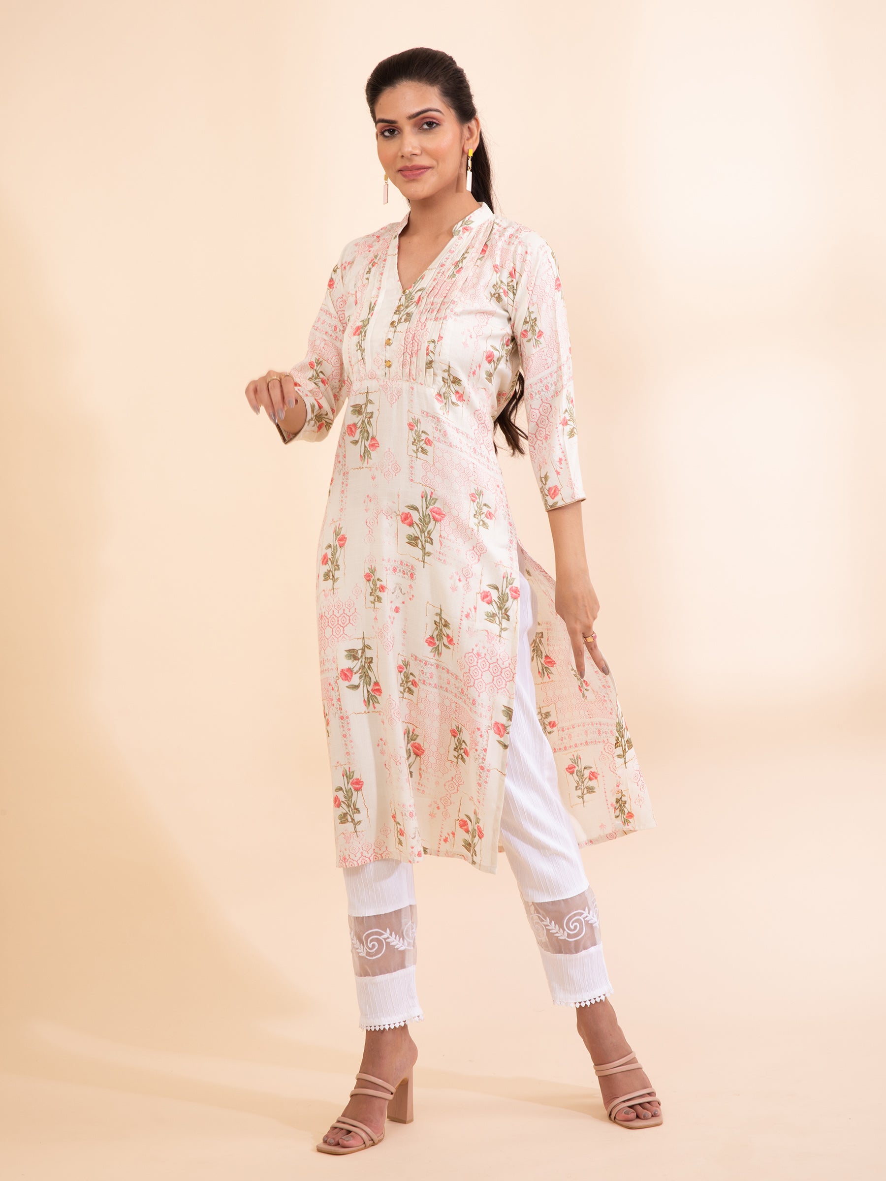 Women Cream V-Neck Printed Kurta - Global Republic