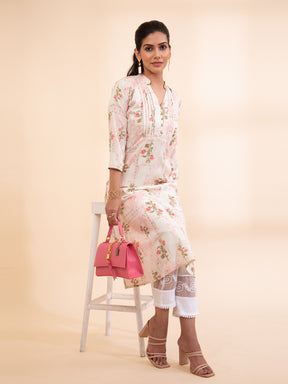 Women Cream V-Neck Printed Kurta