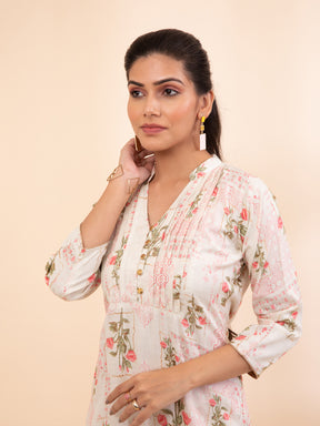 Women Cream V-Neck Printed Kurta