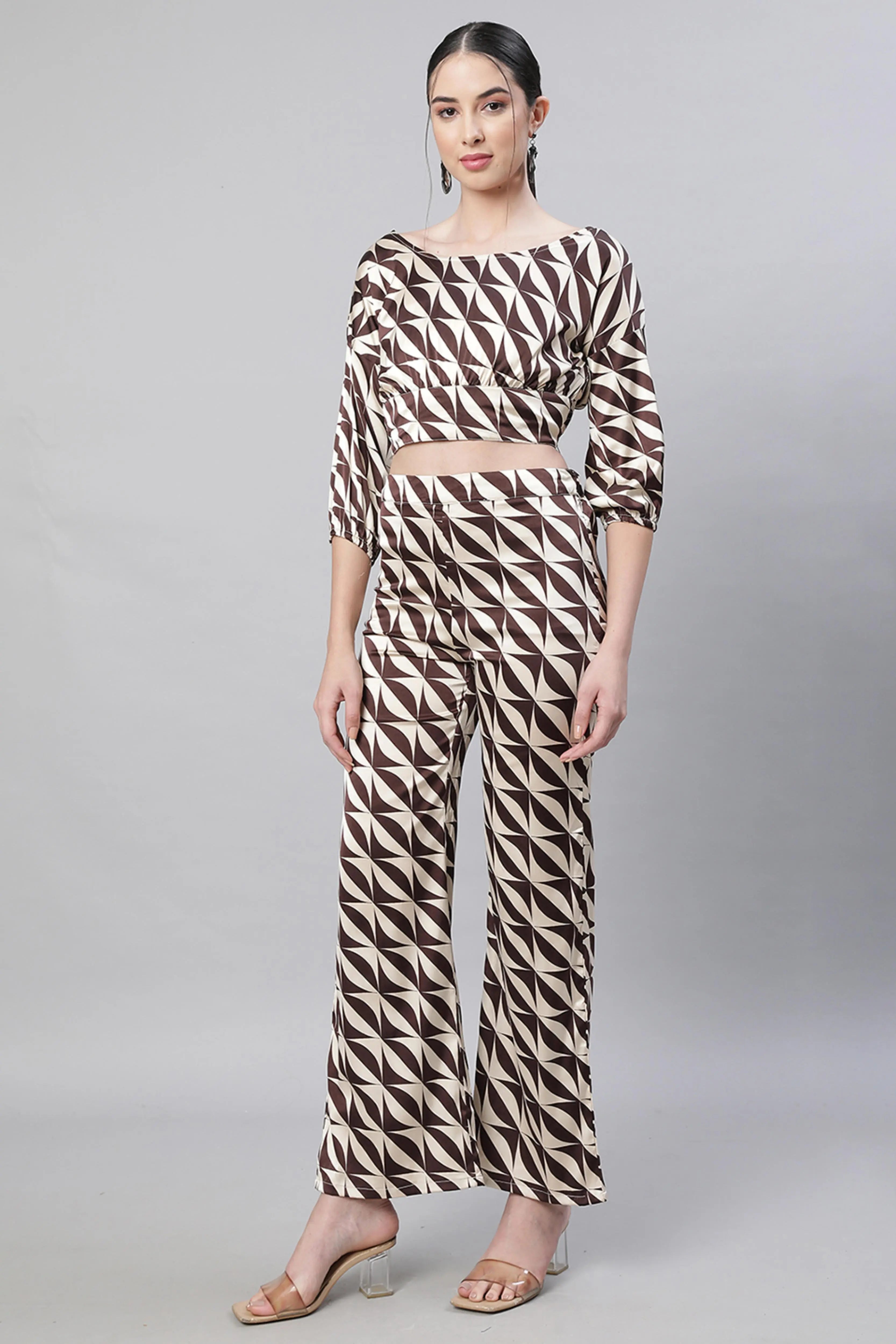 Brown Oval Neck Printed Co-ord Set - Global Republic