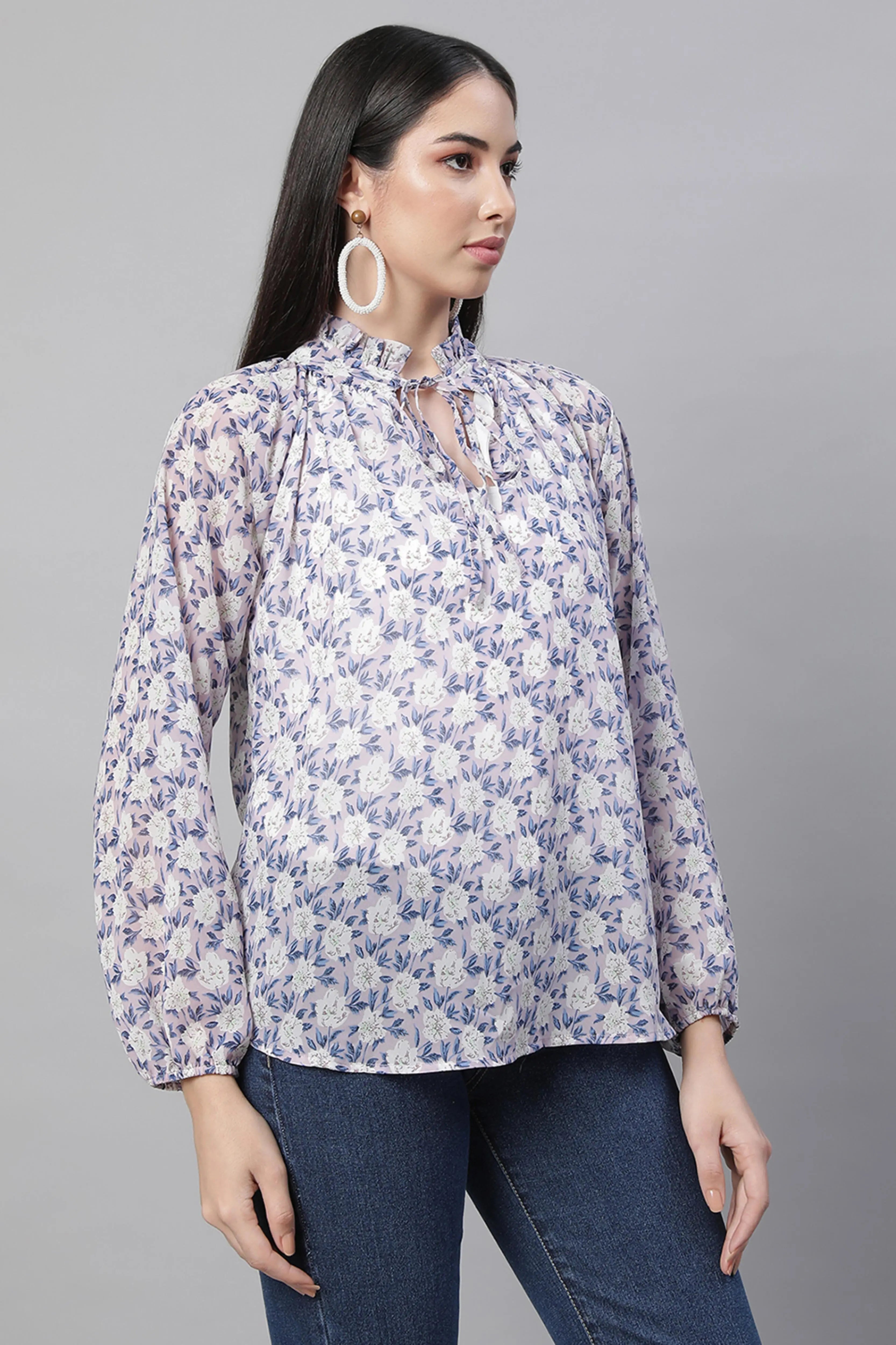 women mauve collar neck printed blouse