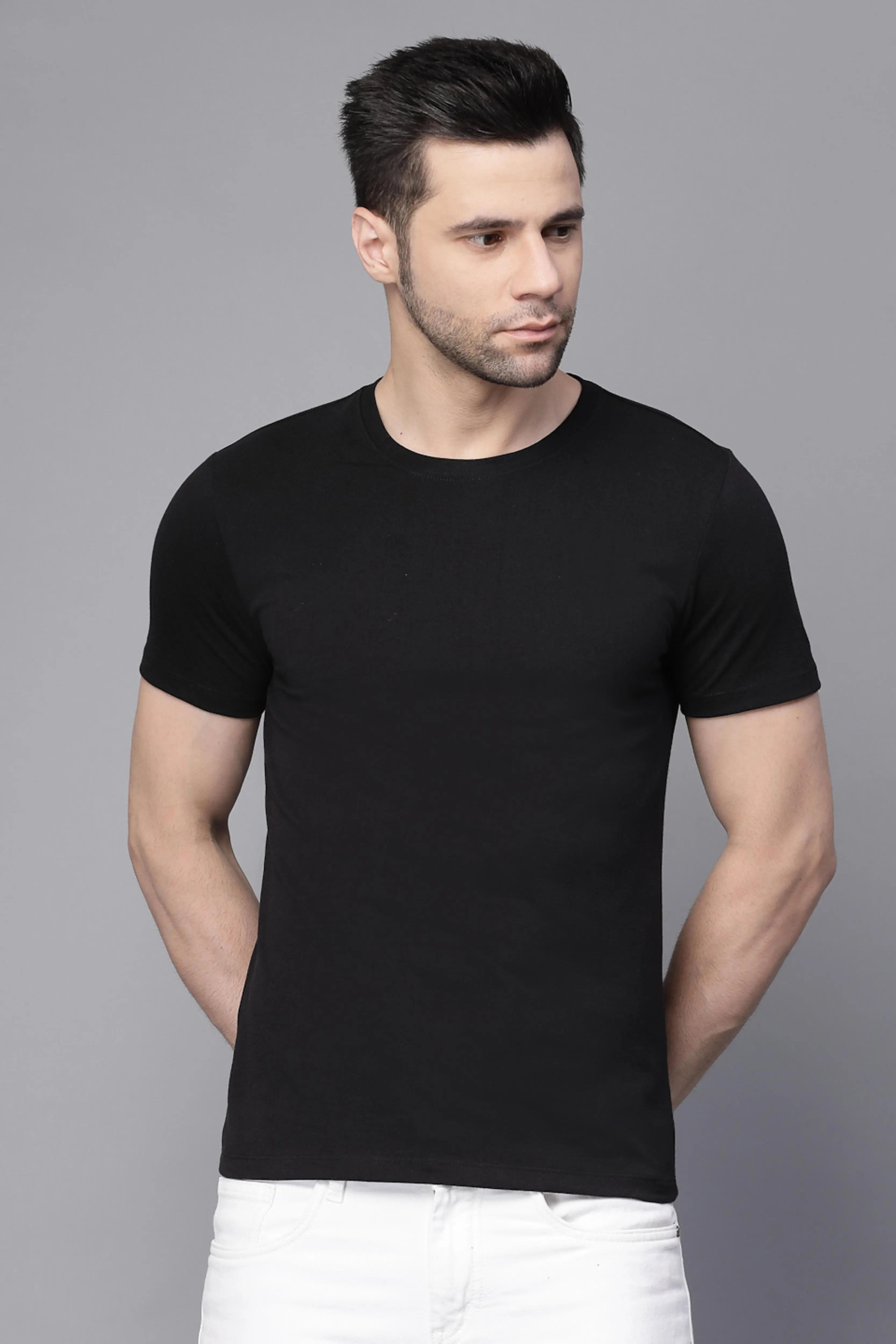 Black Round Neck Solid T-Shirt - Global Republic