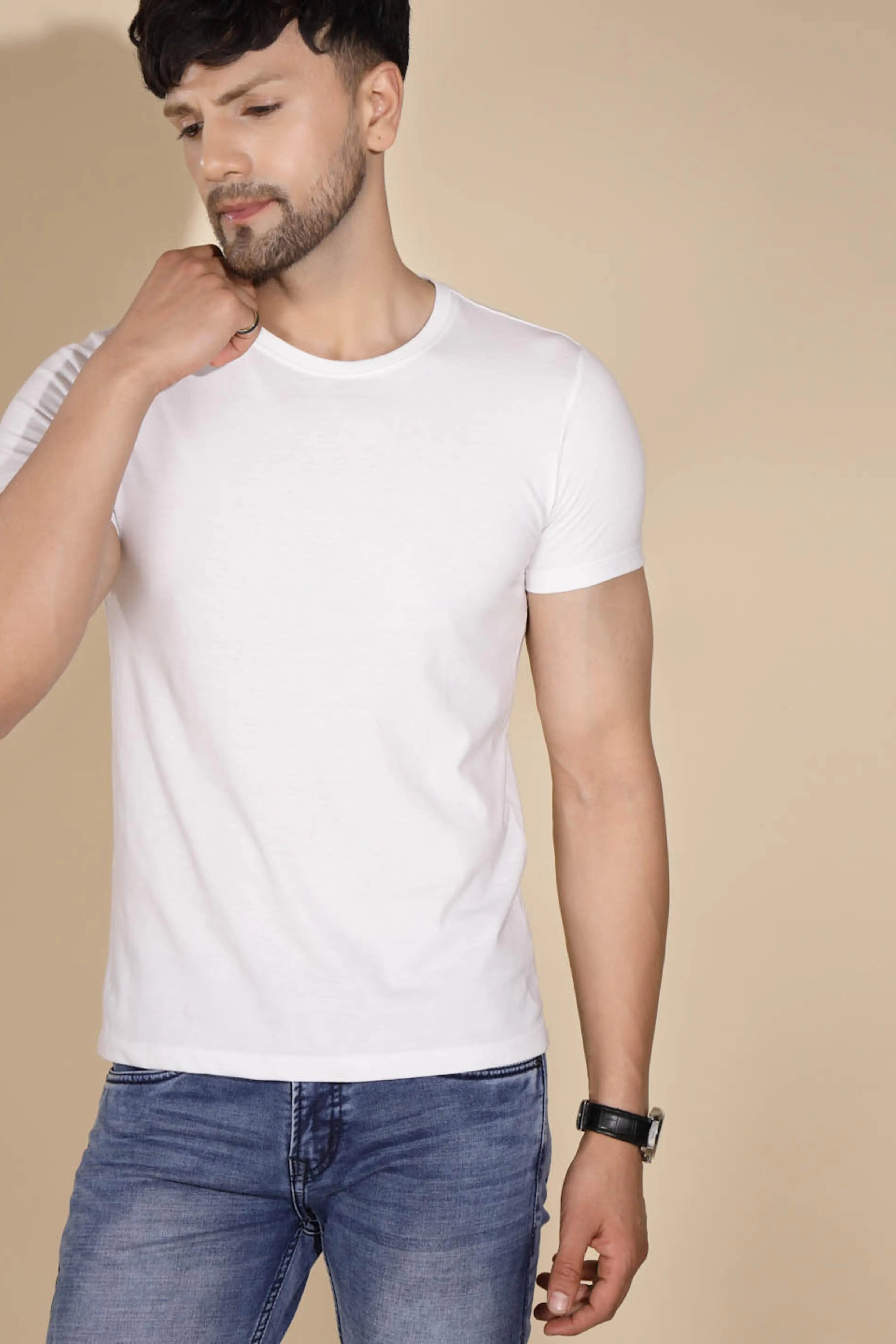 White Round Neck Solid T-Shirt - Global Republic