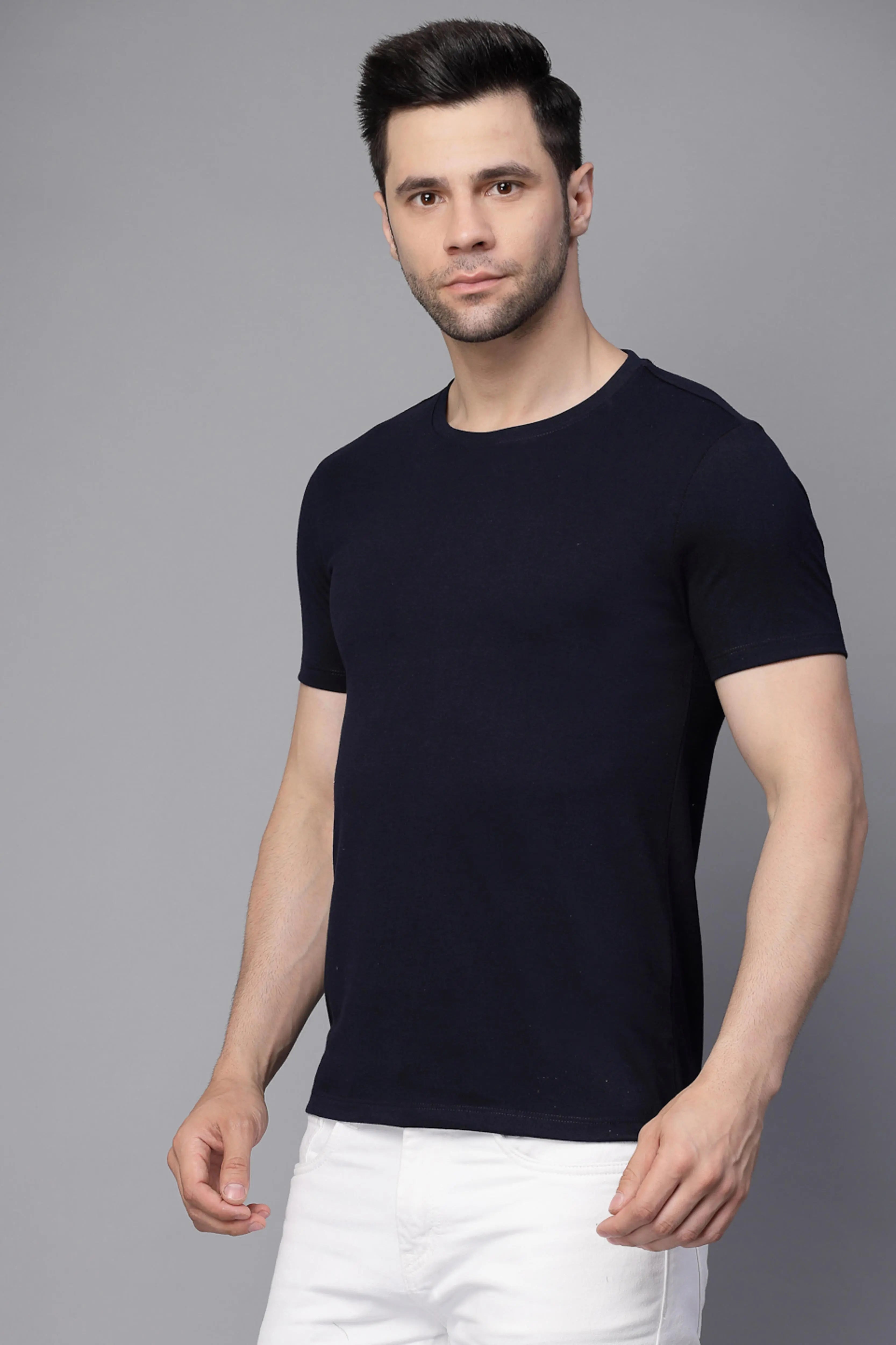 Navy Blue Solid Round Neck T-Shirt - Global Republic