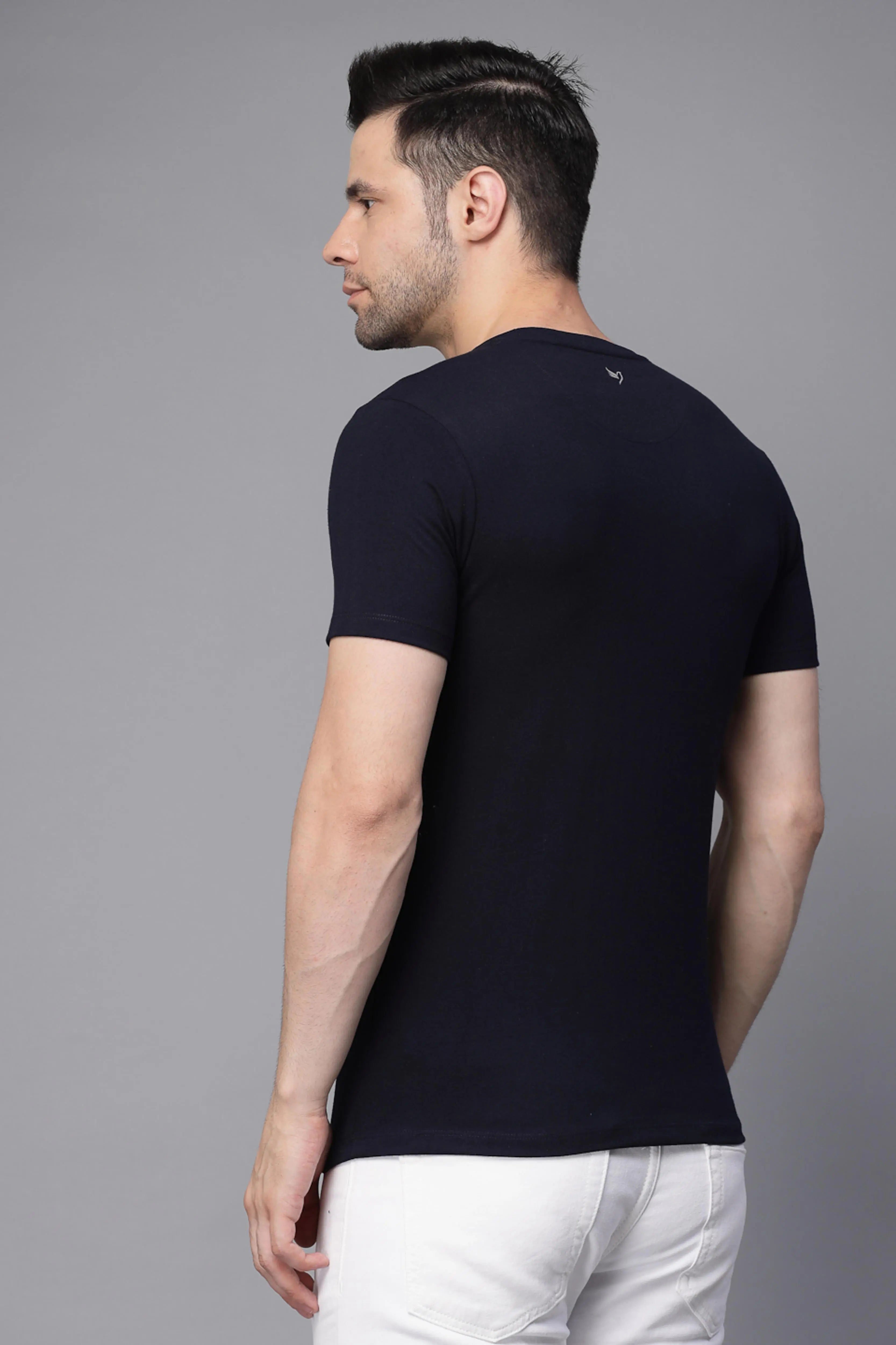 Navy Blue Solid Round Neck T-Shirt - Global Republic