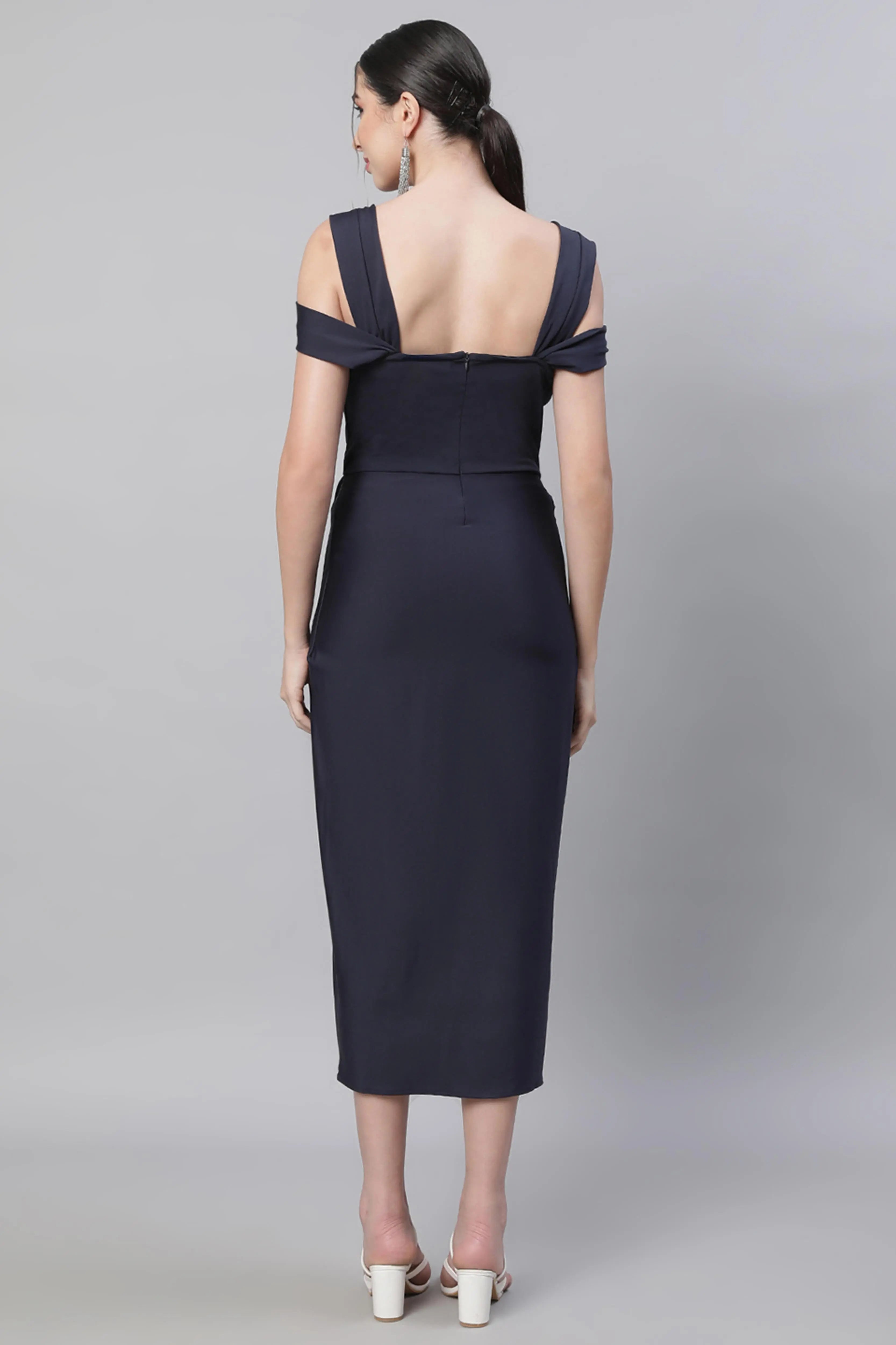 women navy blue square neck solid dress