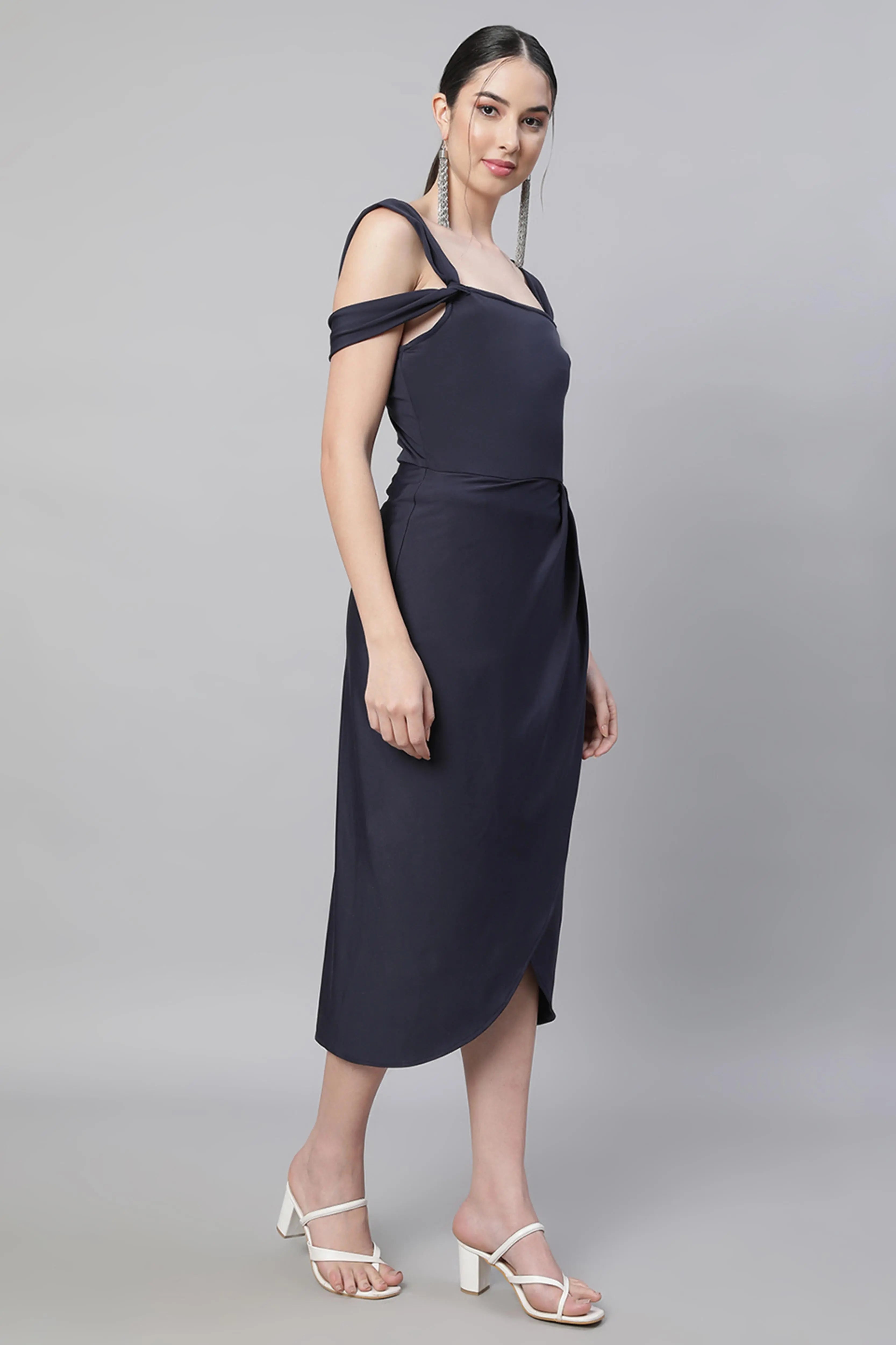 women navy blue square neck solid dress