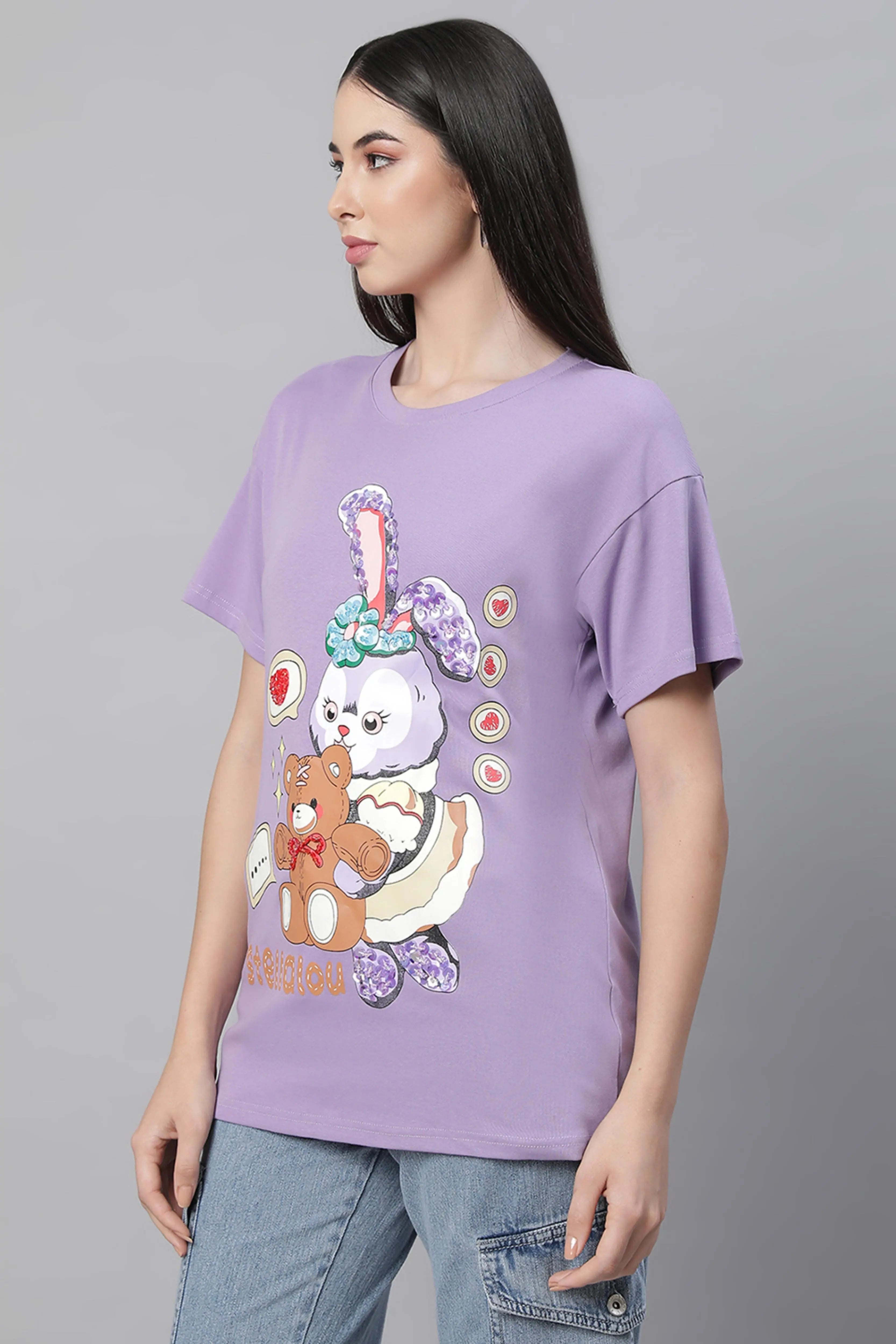 women lavender round neck printed top