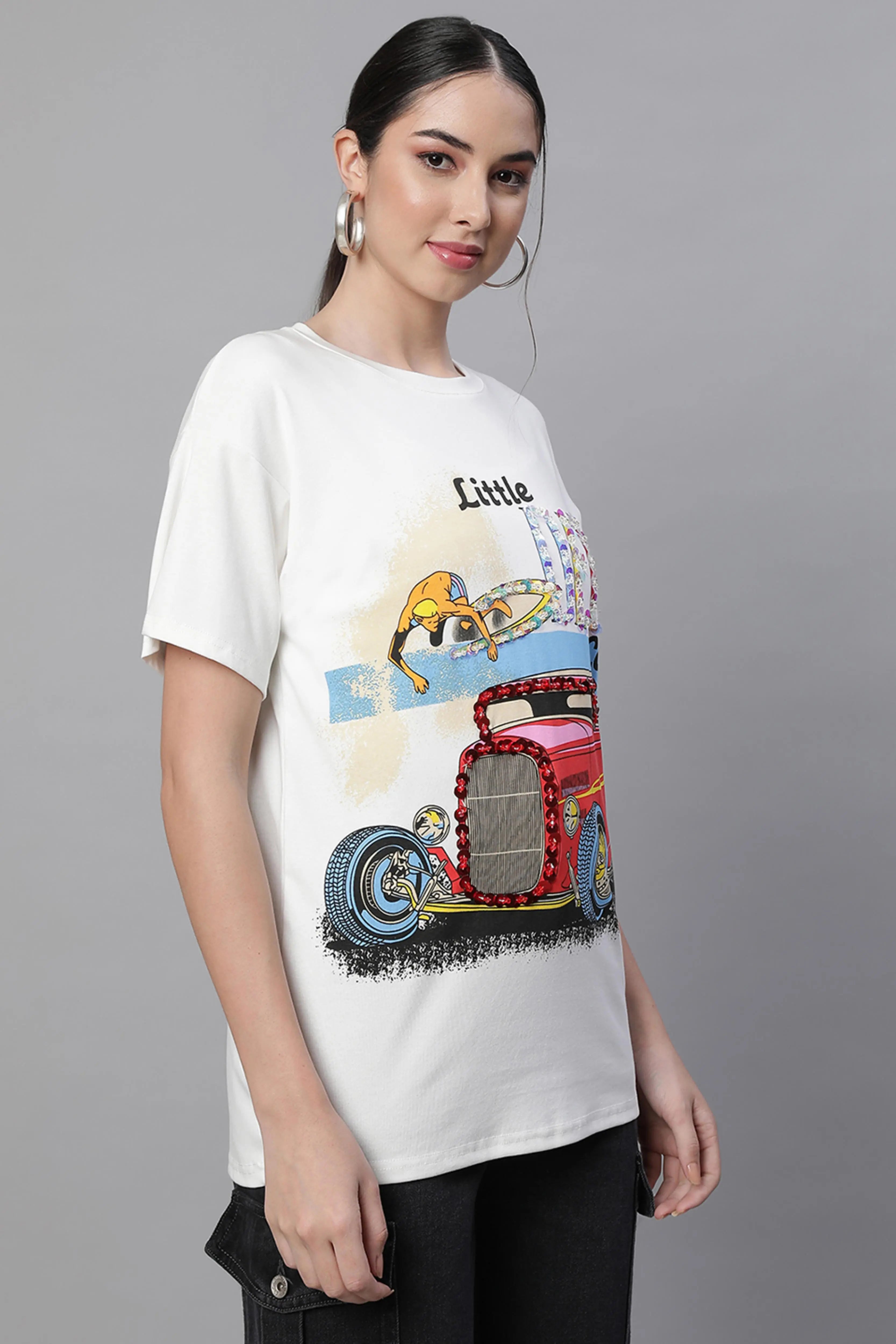 women white round neck printed top