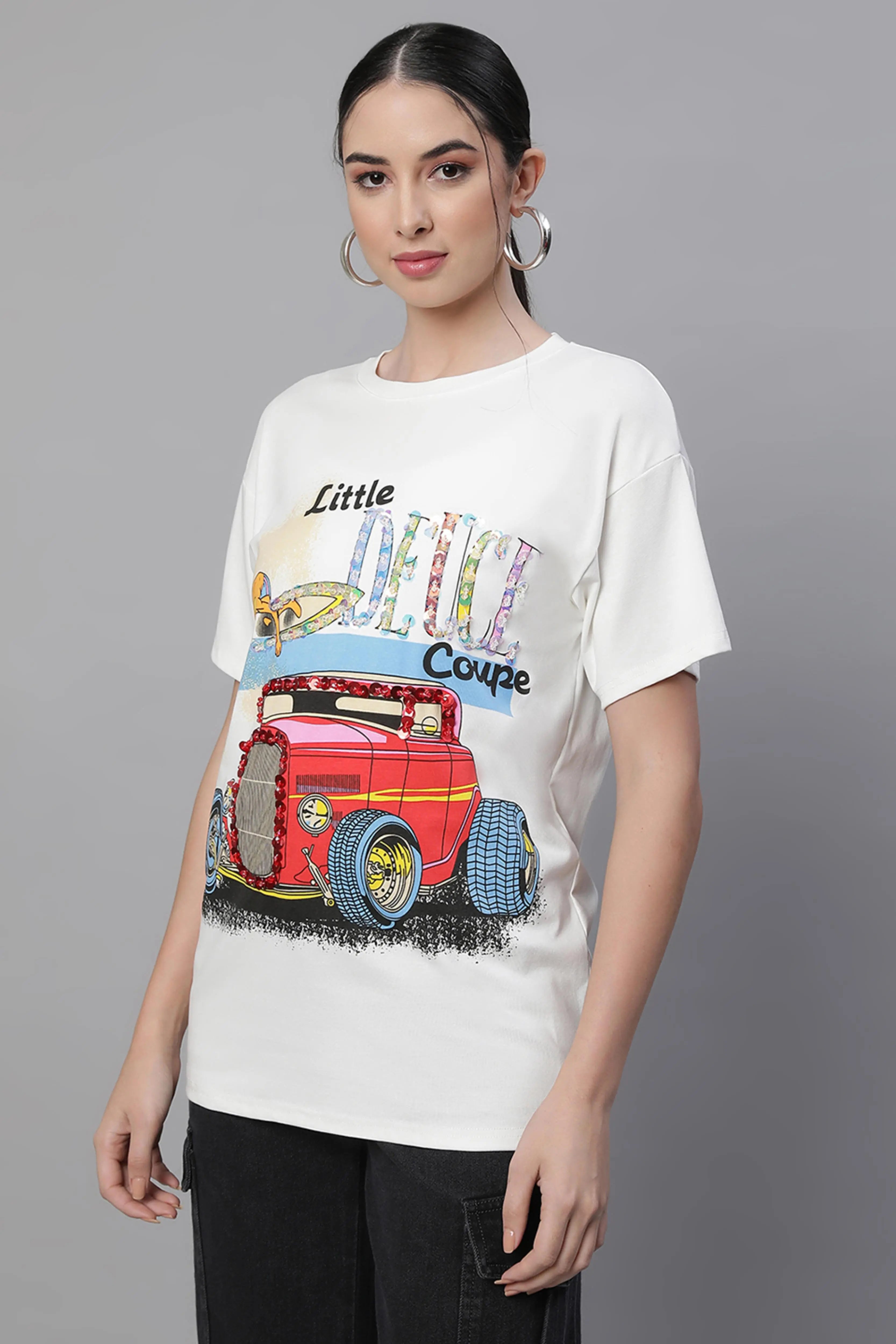 women white round neck printed top