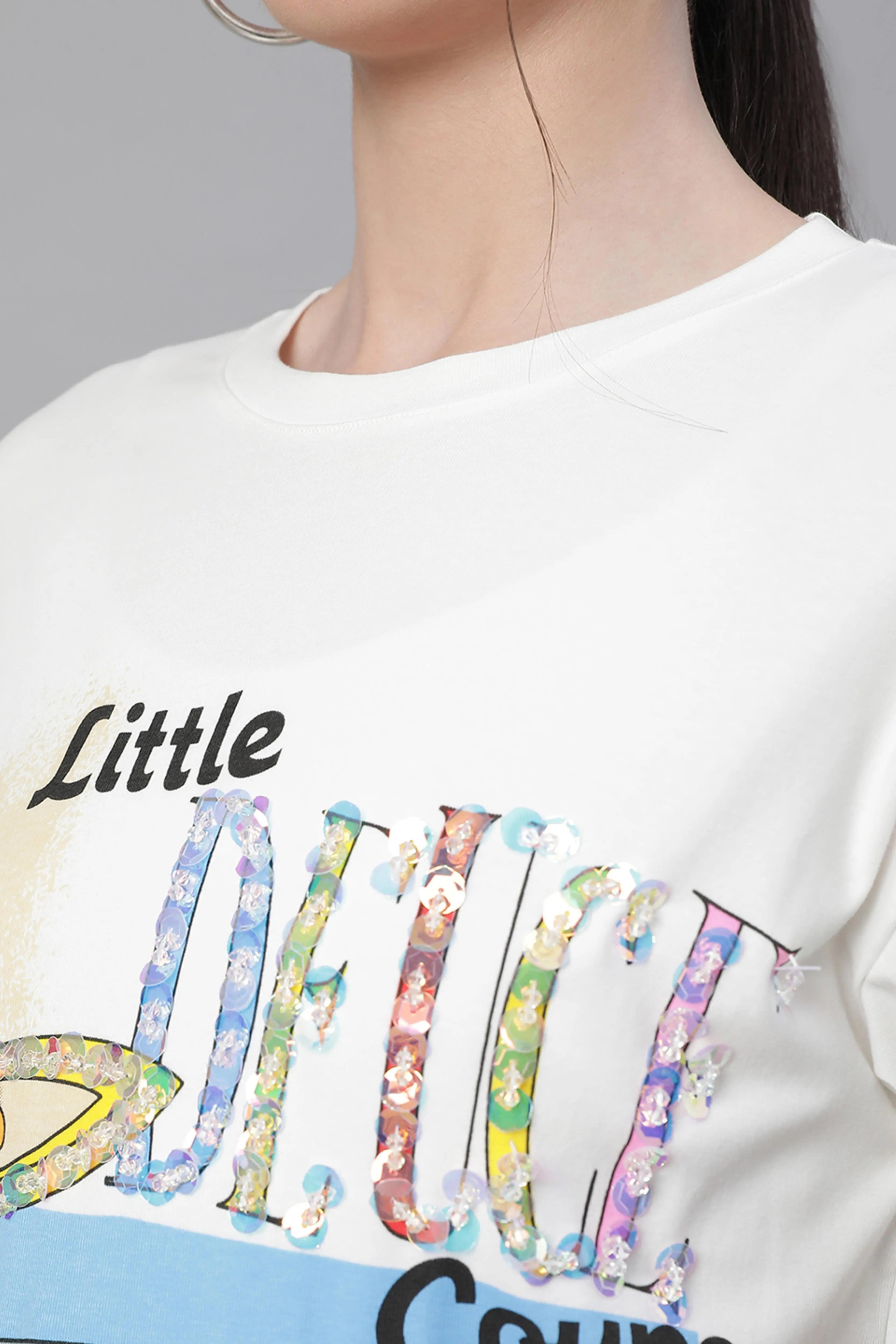 women white round neck printed top