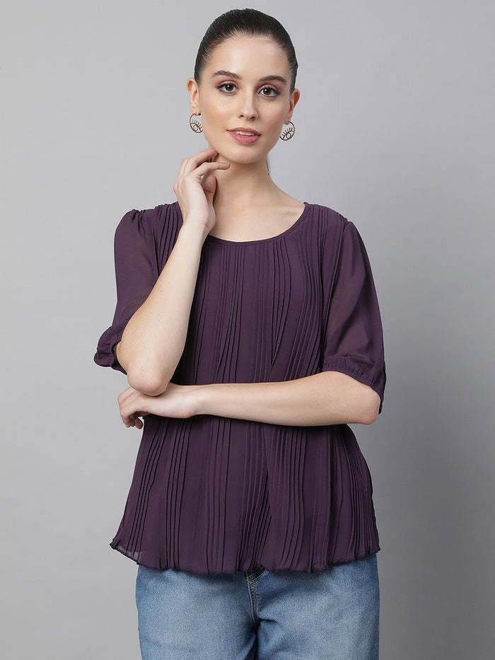 Oval Neck Flared Fit Blouson Top - Global Republic