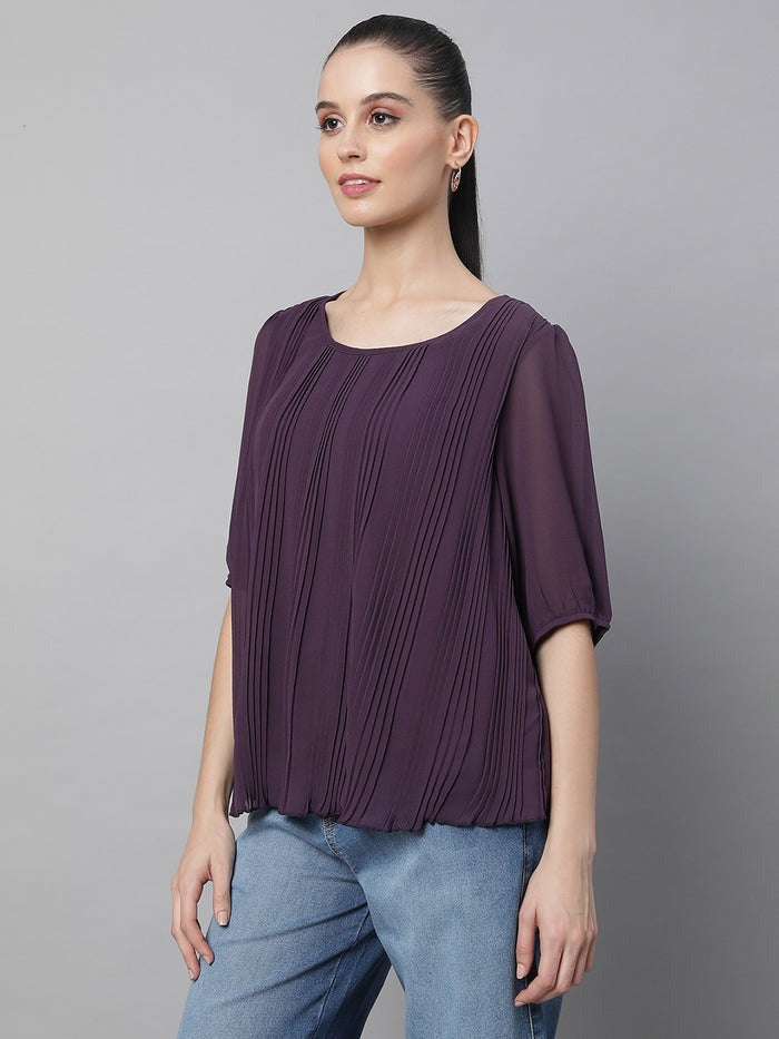 Oval Neck Flared Fit Blouson Top - Global Republic