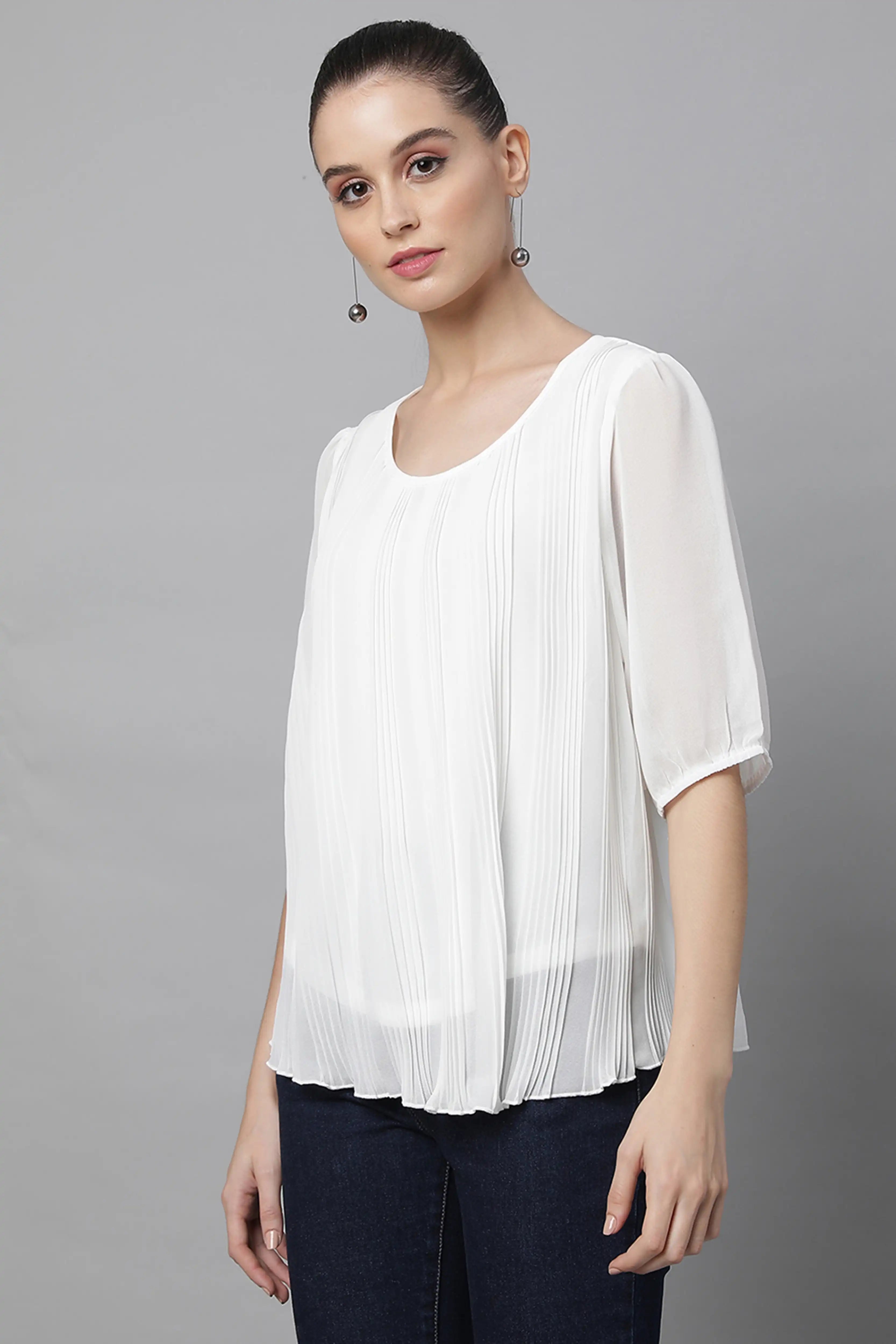 Oval Neck Flared Fit Blouson Top