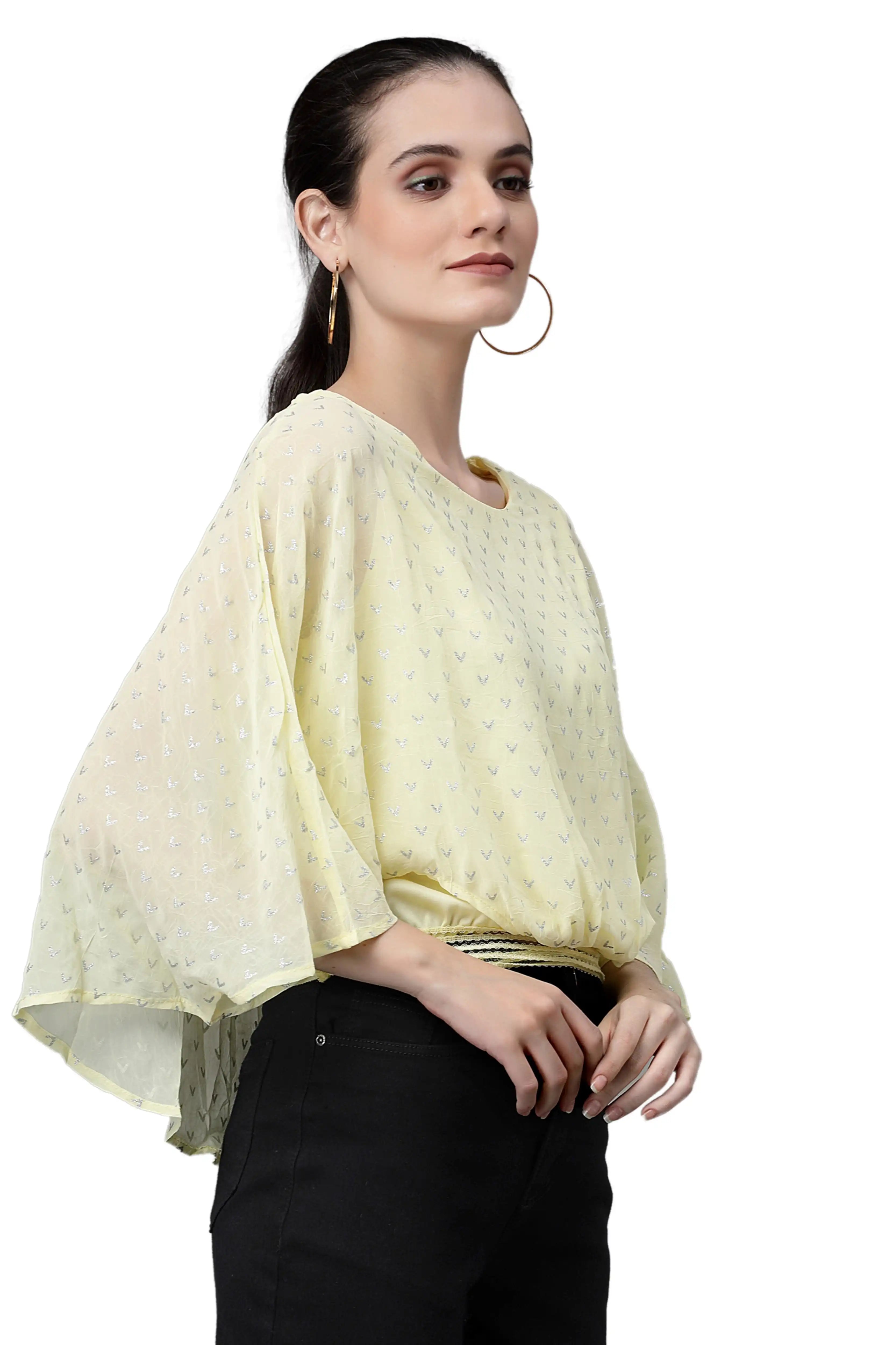 Yellow Flared Sleeves Printed Crop Top