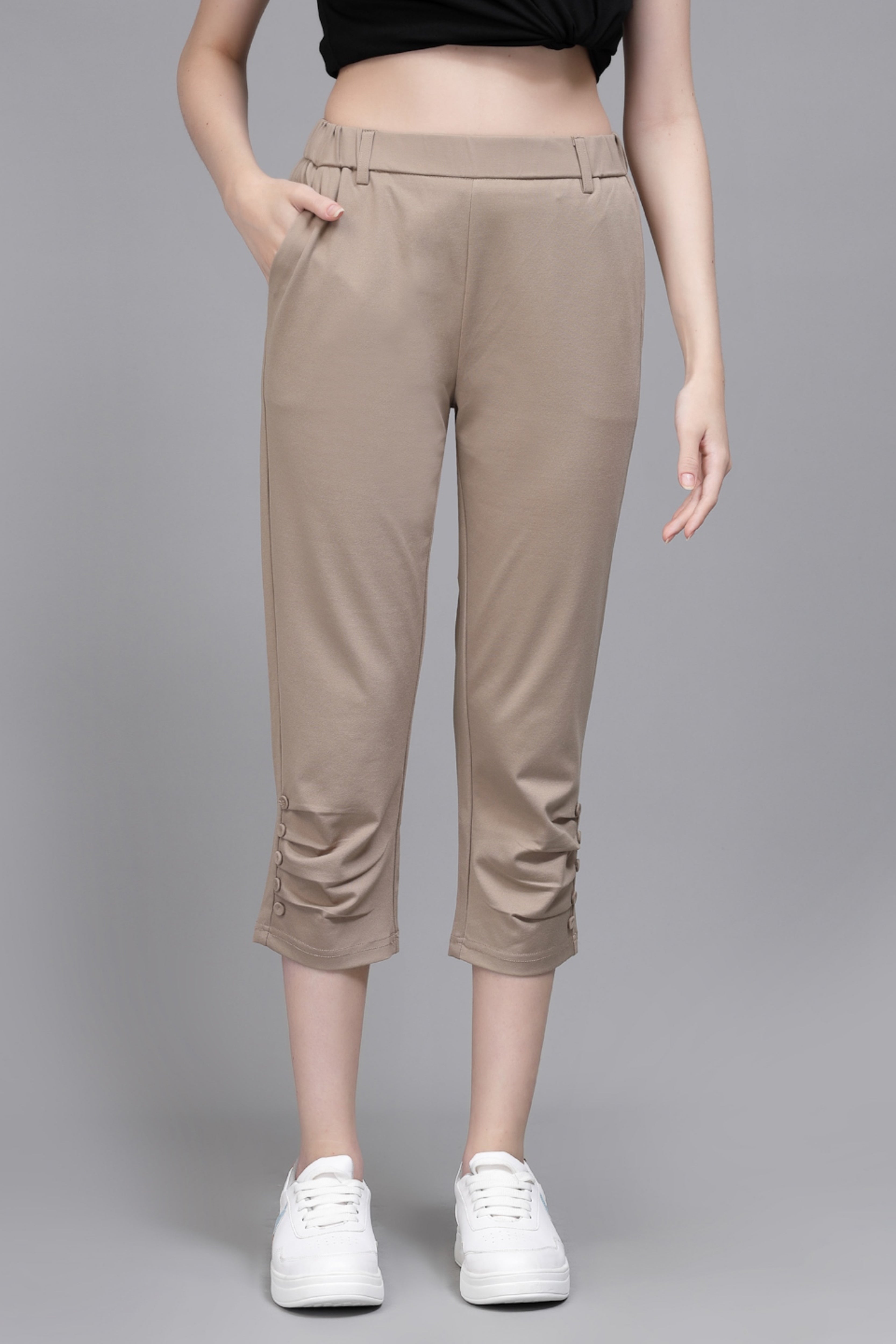 Beige Cotton Blend Solid Capri