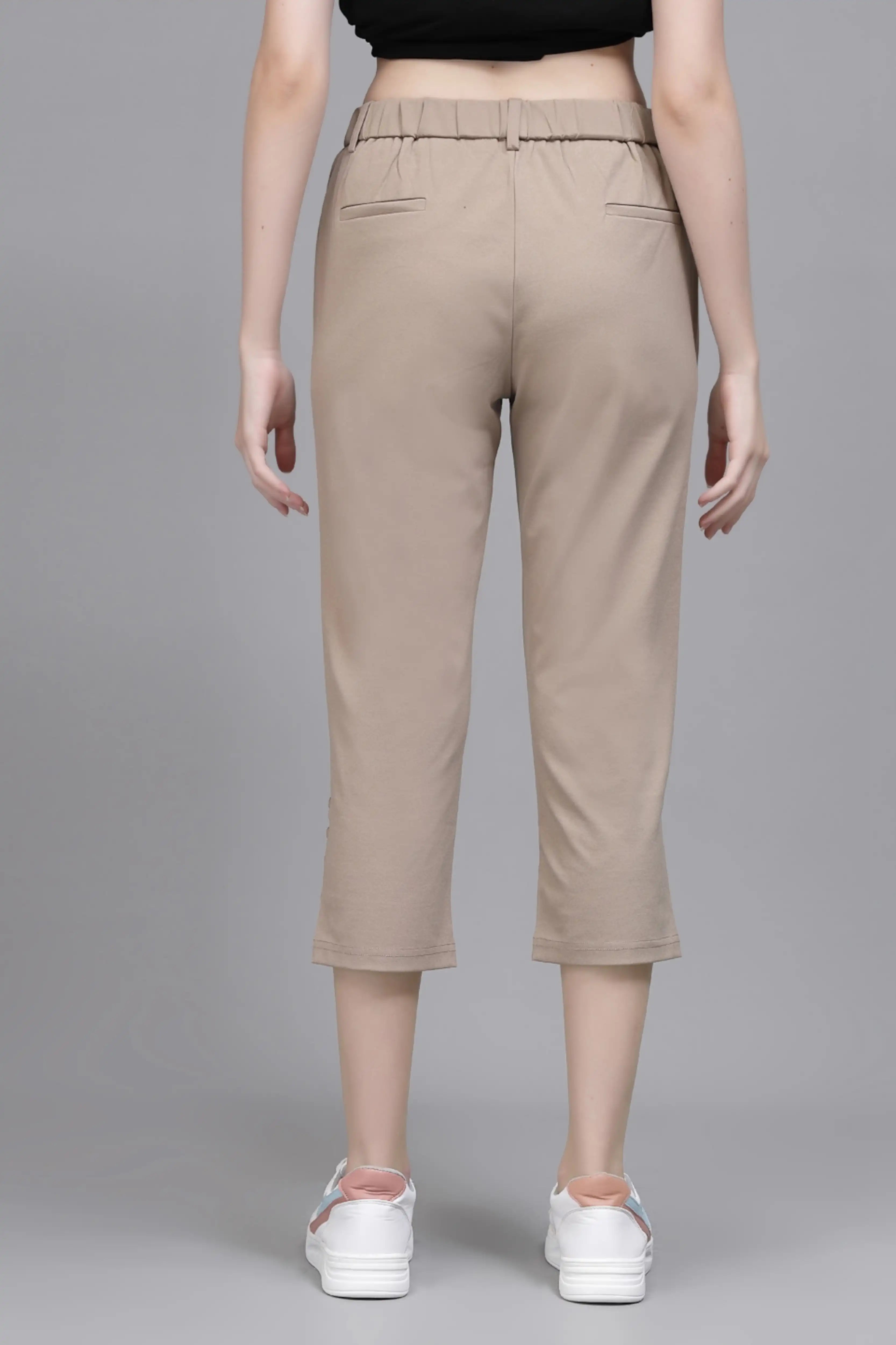Beige Cotton Blend Solid Capri
