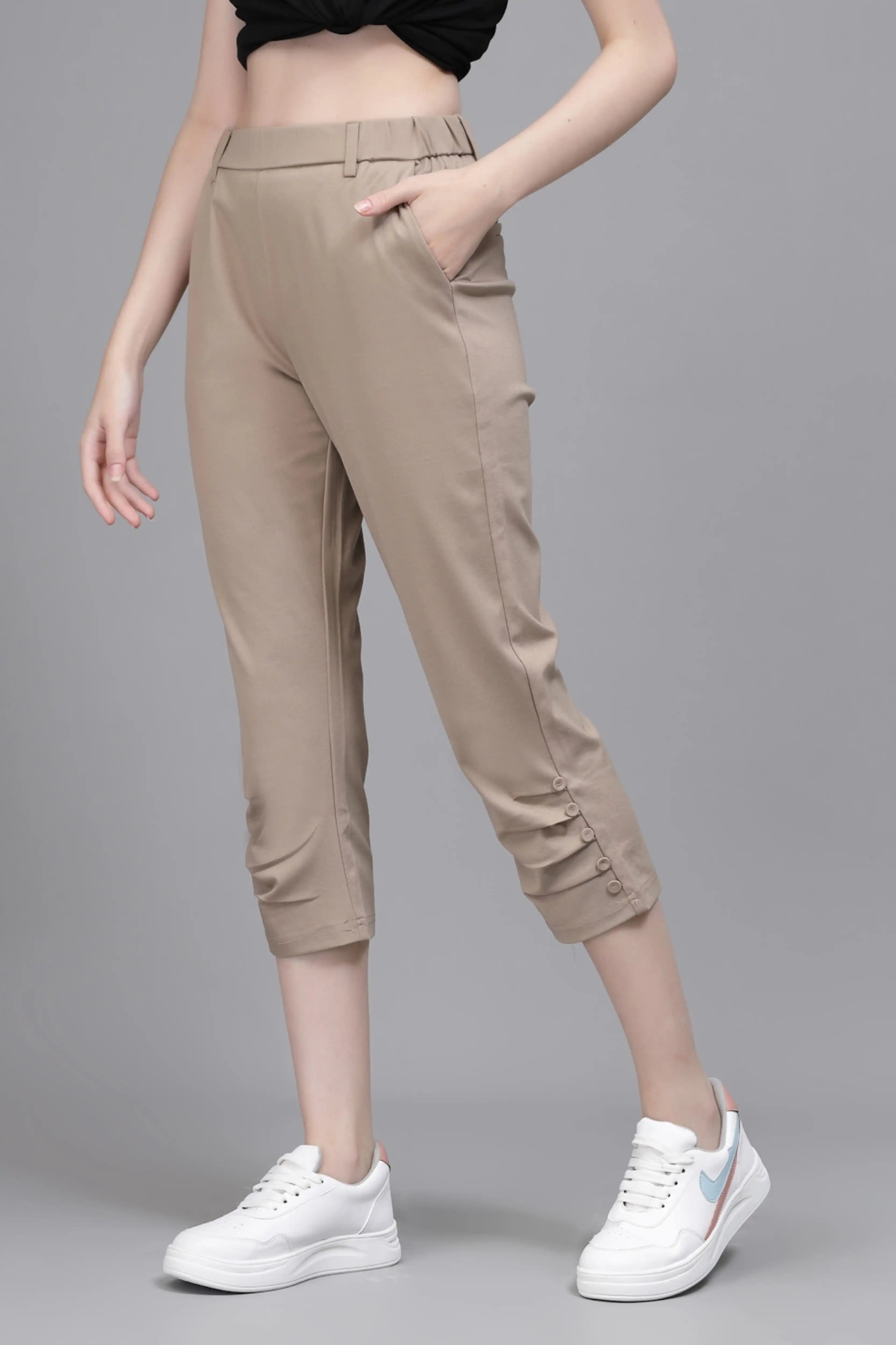 Beige Cotton Blend Solid Capri