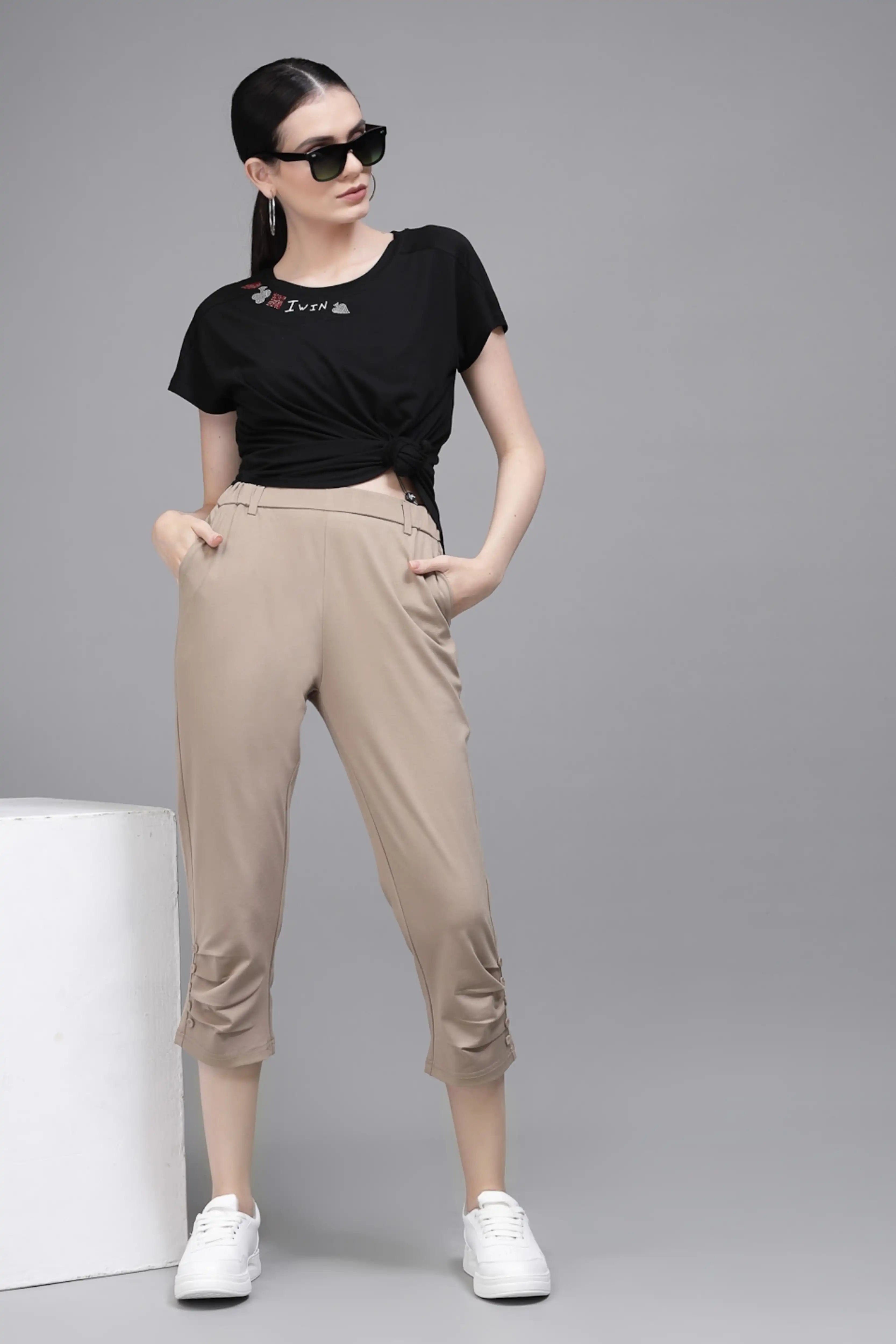Beige Cotton Blend Solid Capri