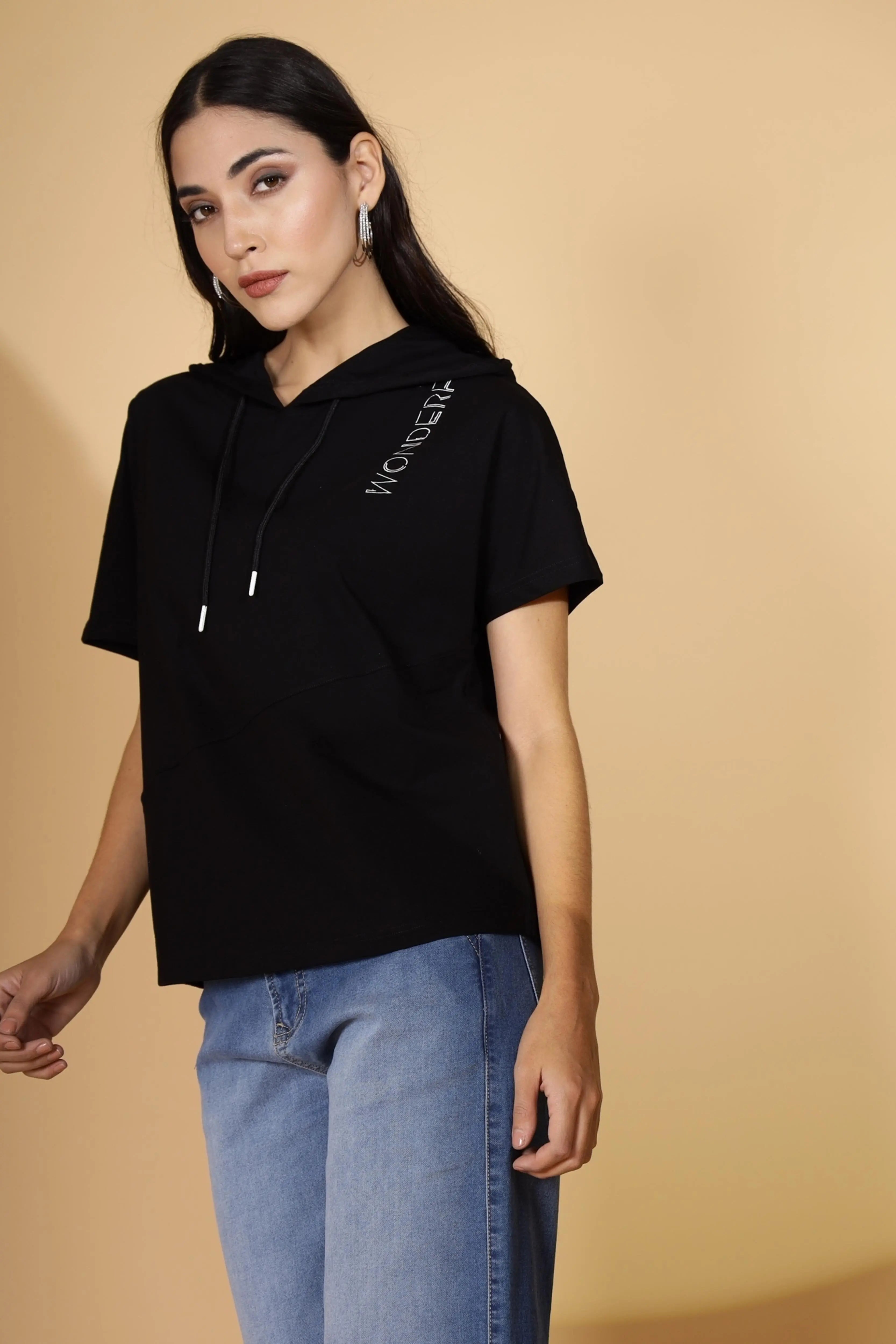 Women Regular Fit Black Hooded Top - Global Republic