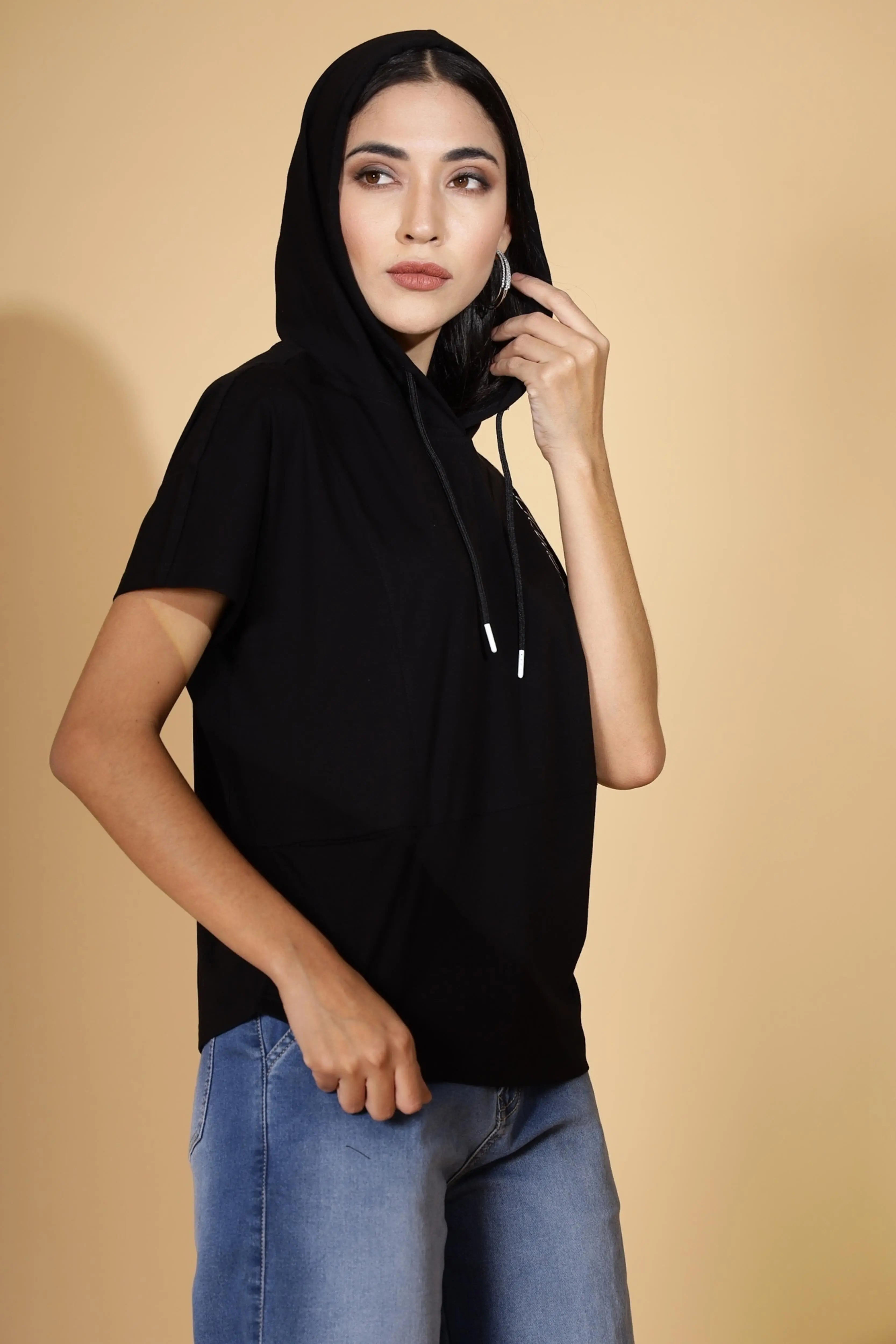 Women Regular Fit Black Hooded Top - Global Republic