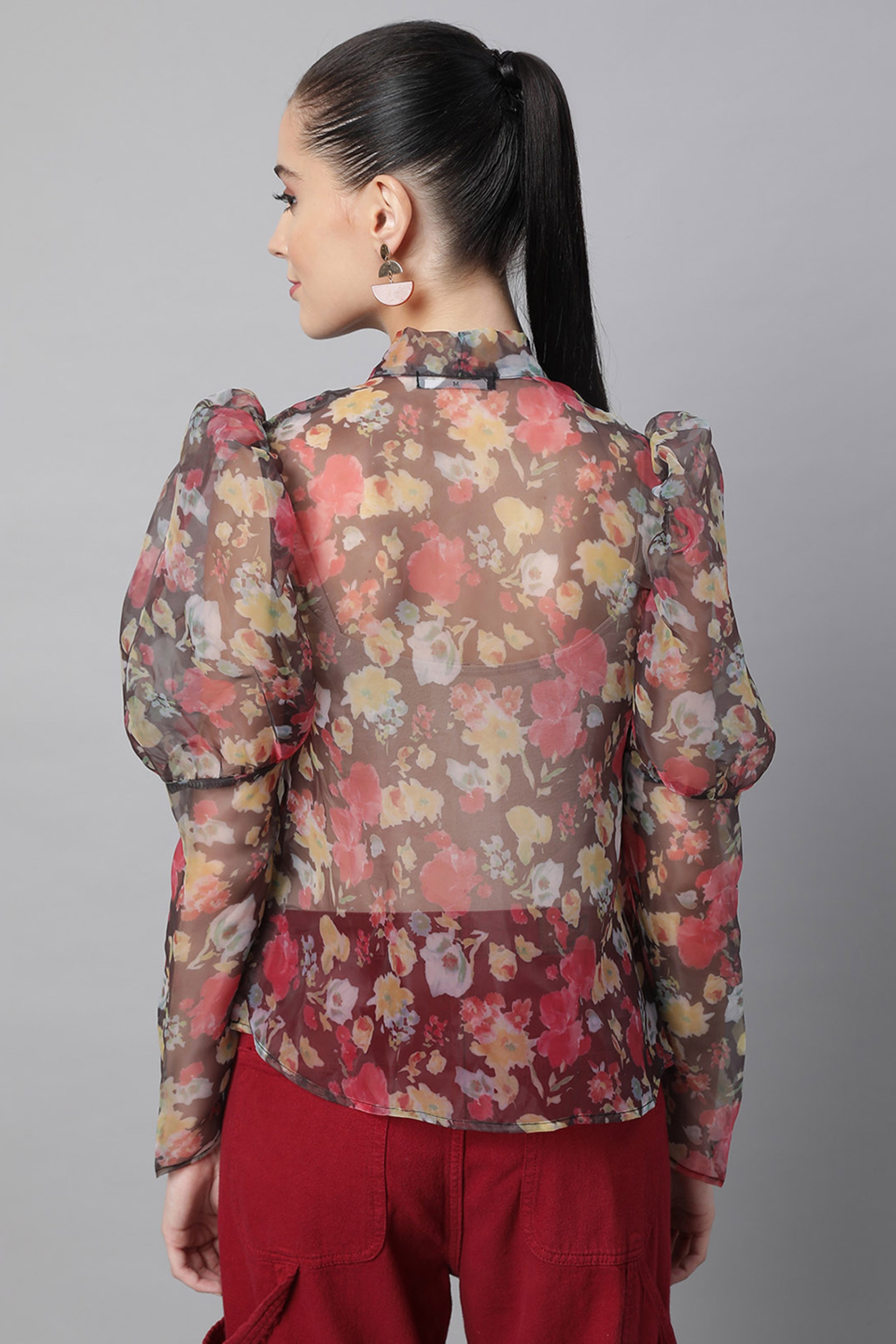 Brown Floral Puffed Sleeves Top