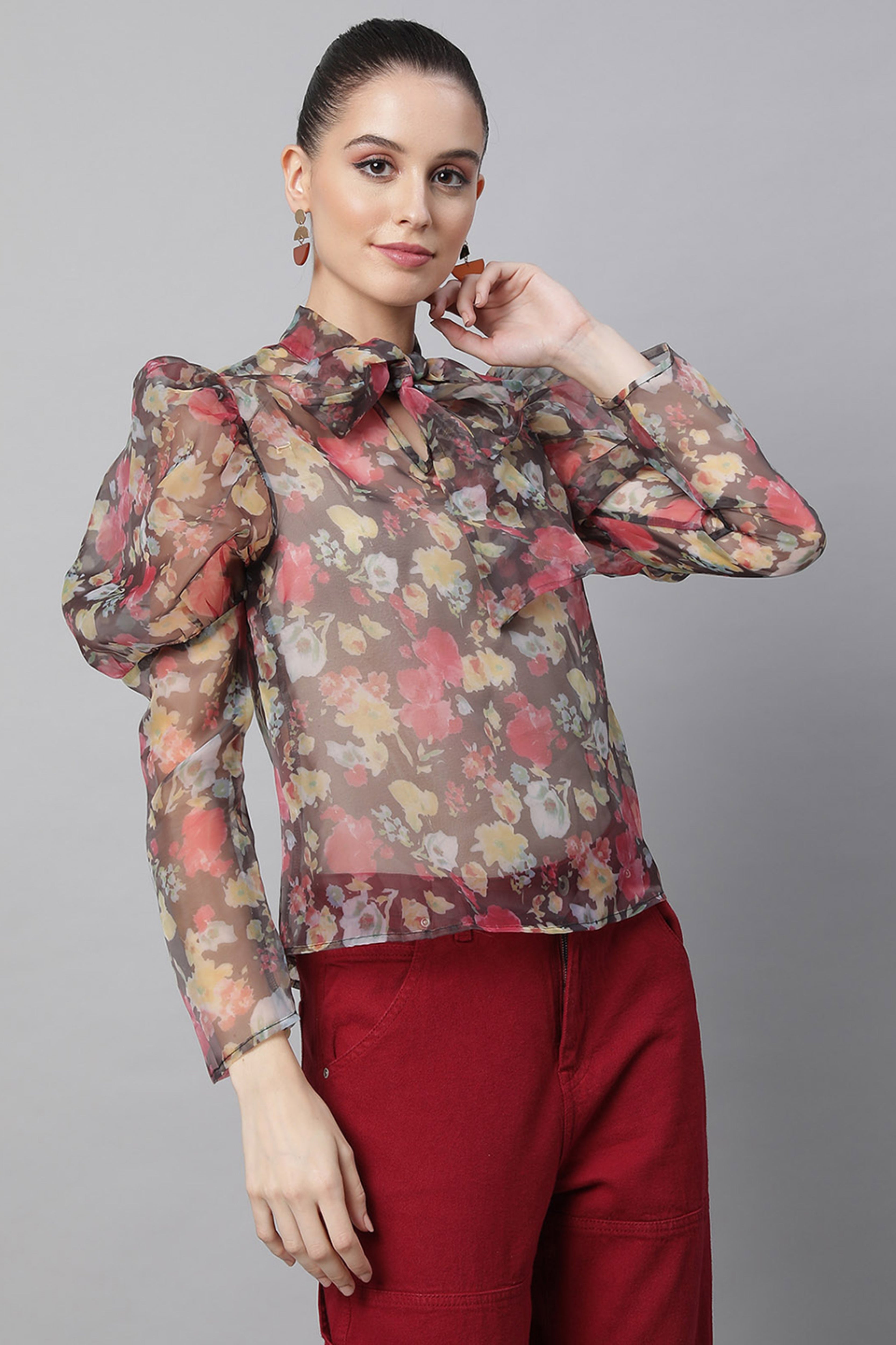 Brown Floral Puffed Sleeves Top