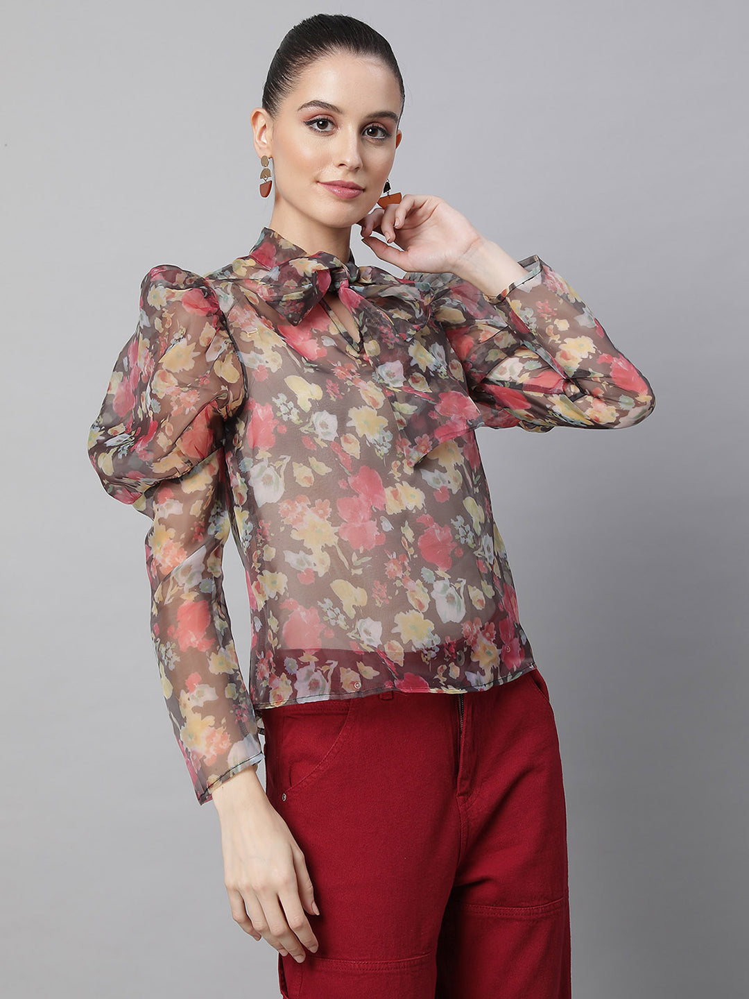 Brown Floral Puffed Sleeves Top