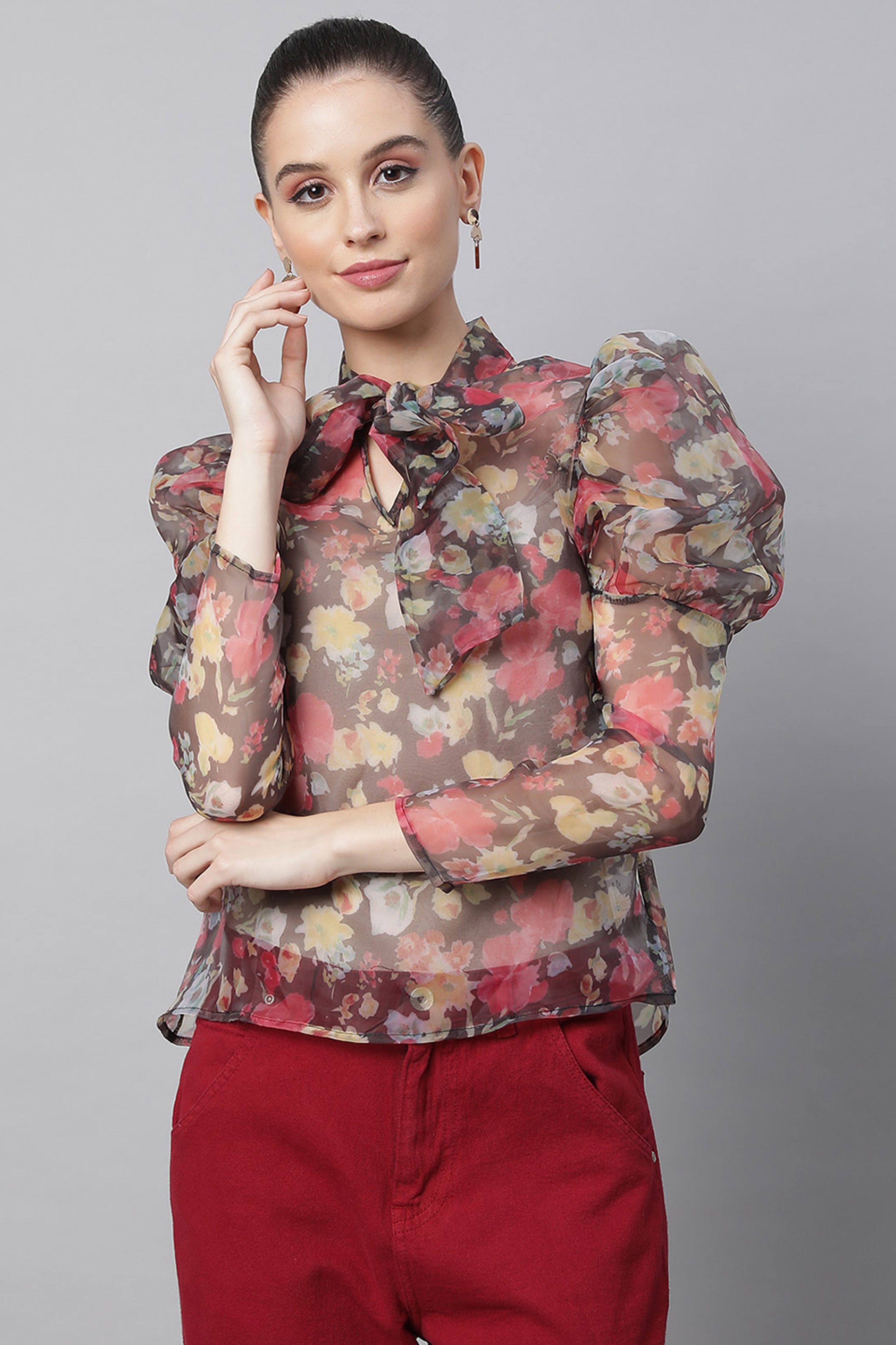 Brown Floral Puffed Sleeves Top