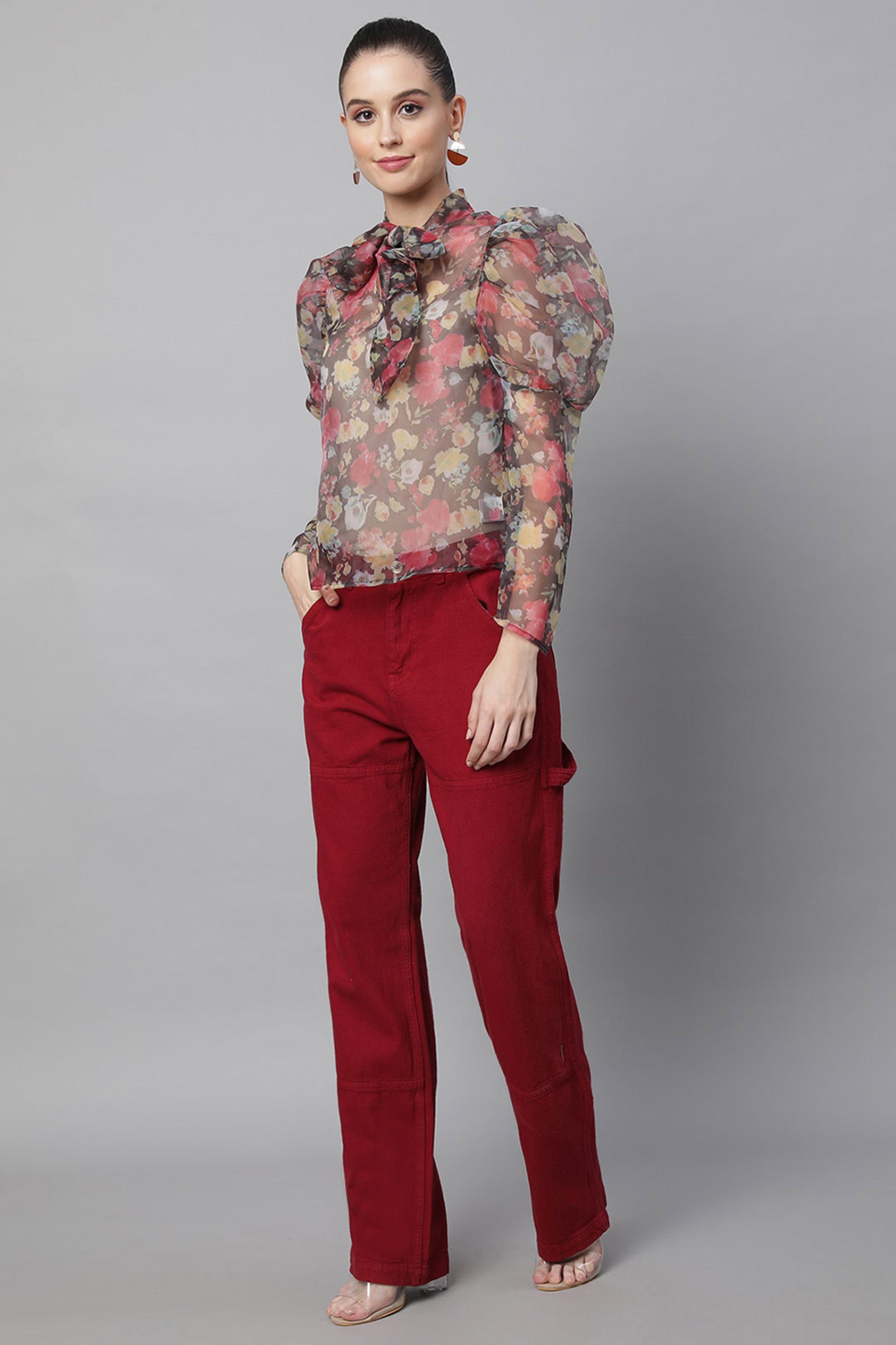Brown Floral Puffed Sleeves Top