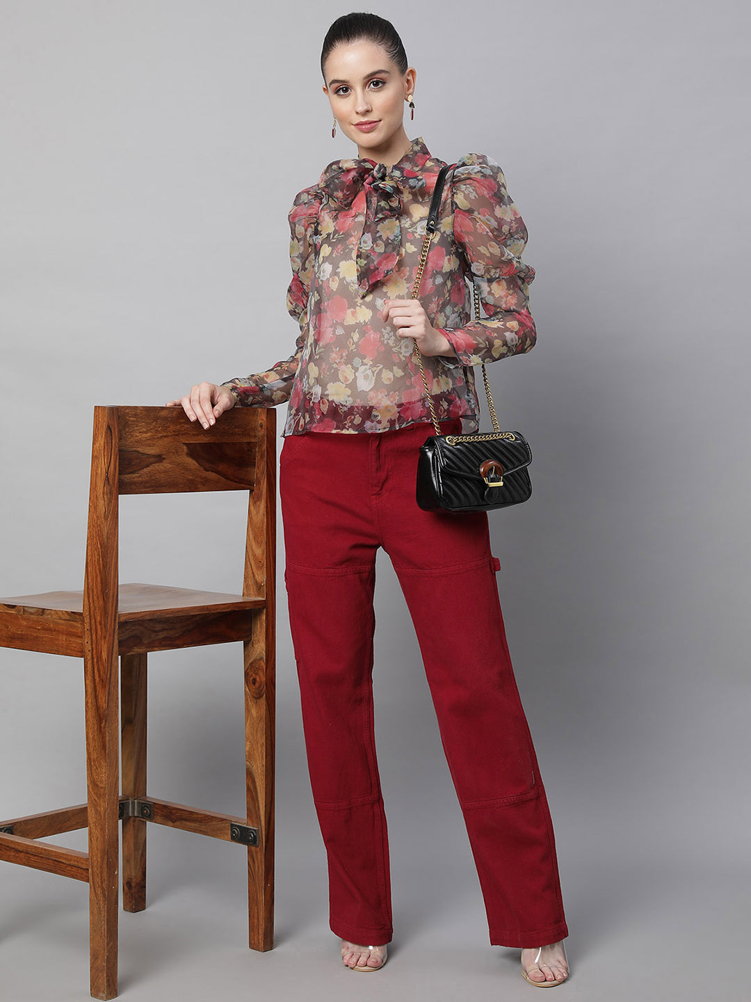 Brown Floral Puffed Sleeves Top - Global Republic
