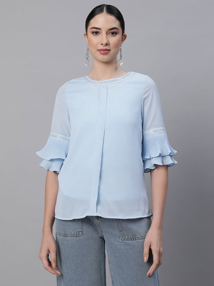 Pink Embellished Polyester Blend Top