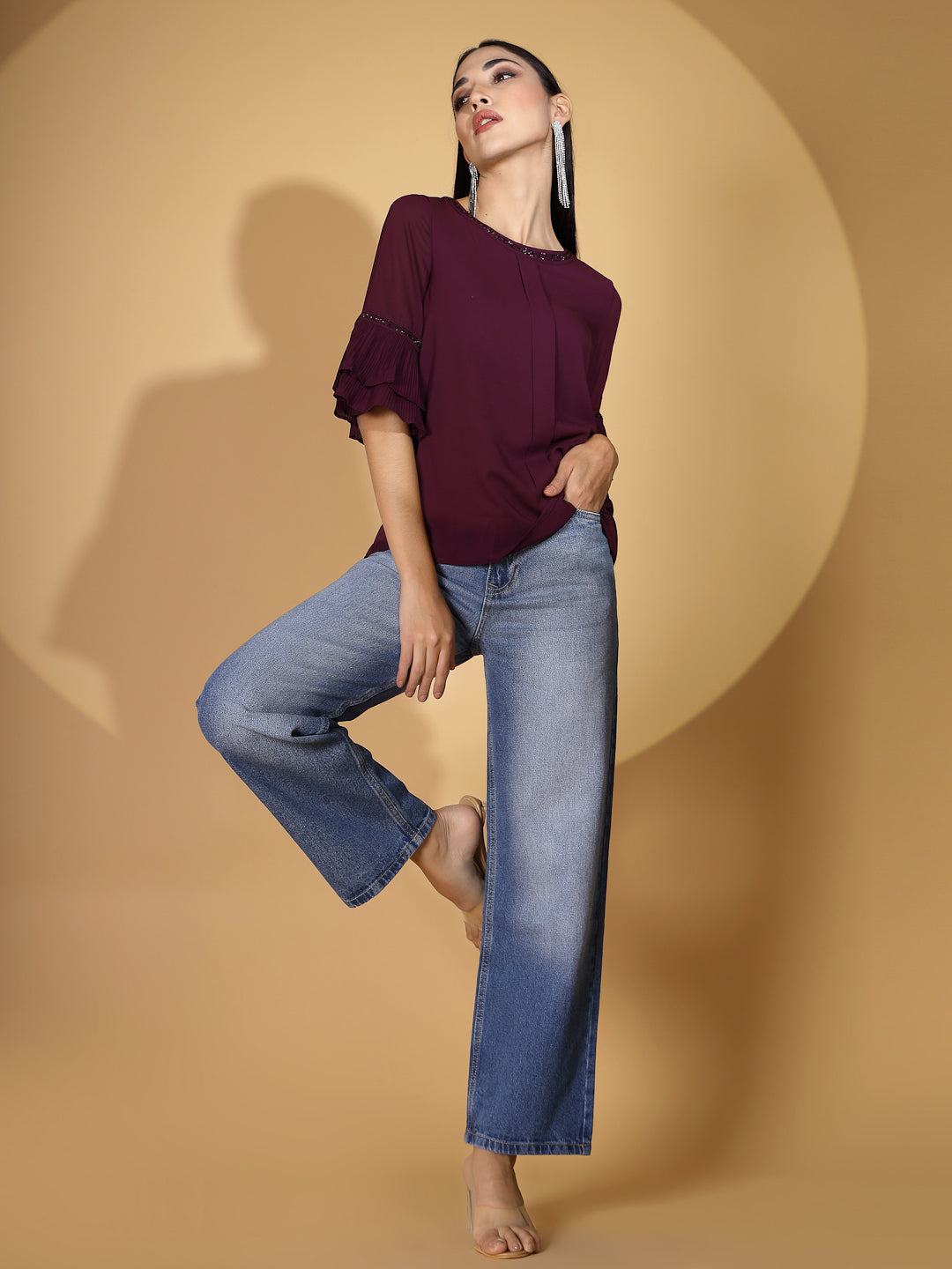 Pink Embellished Polyester Blend Top