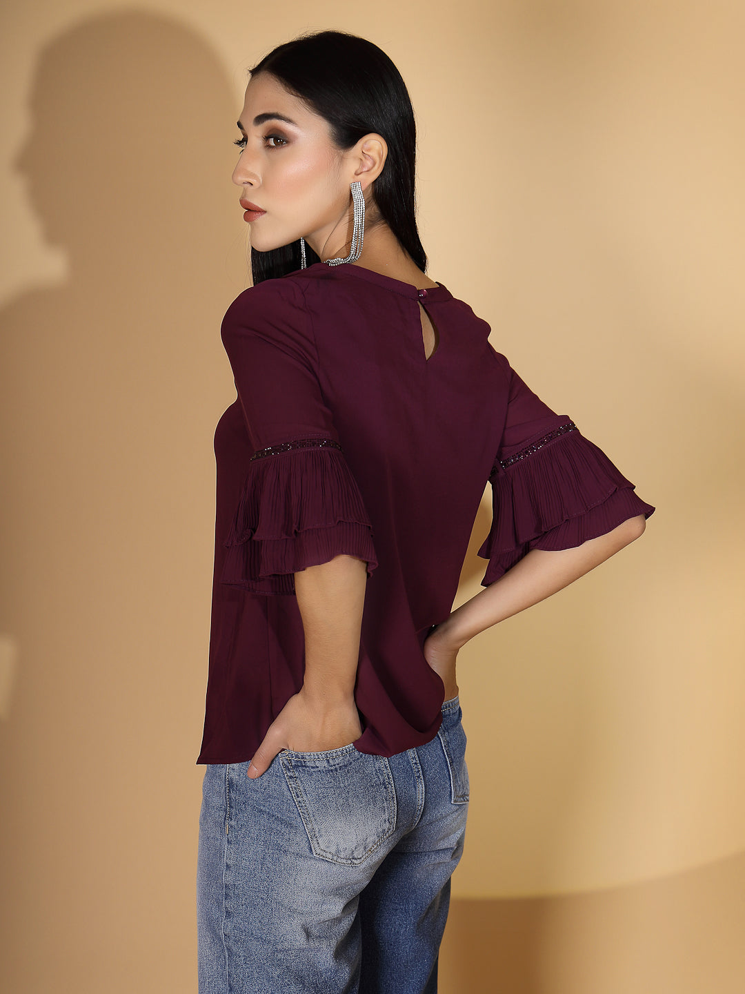 Pink Embellished Polyester Blend Top