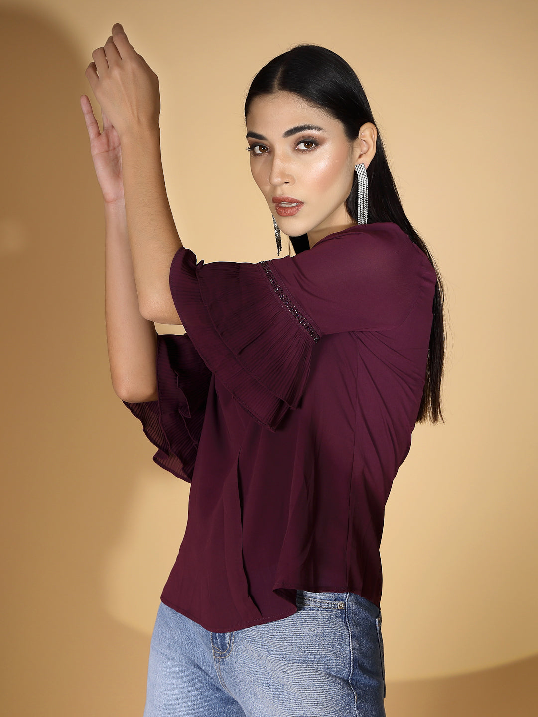 Pink Embellished Polyester Blend Top