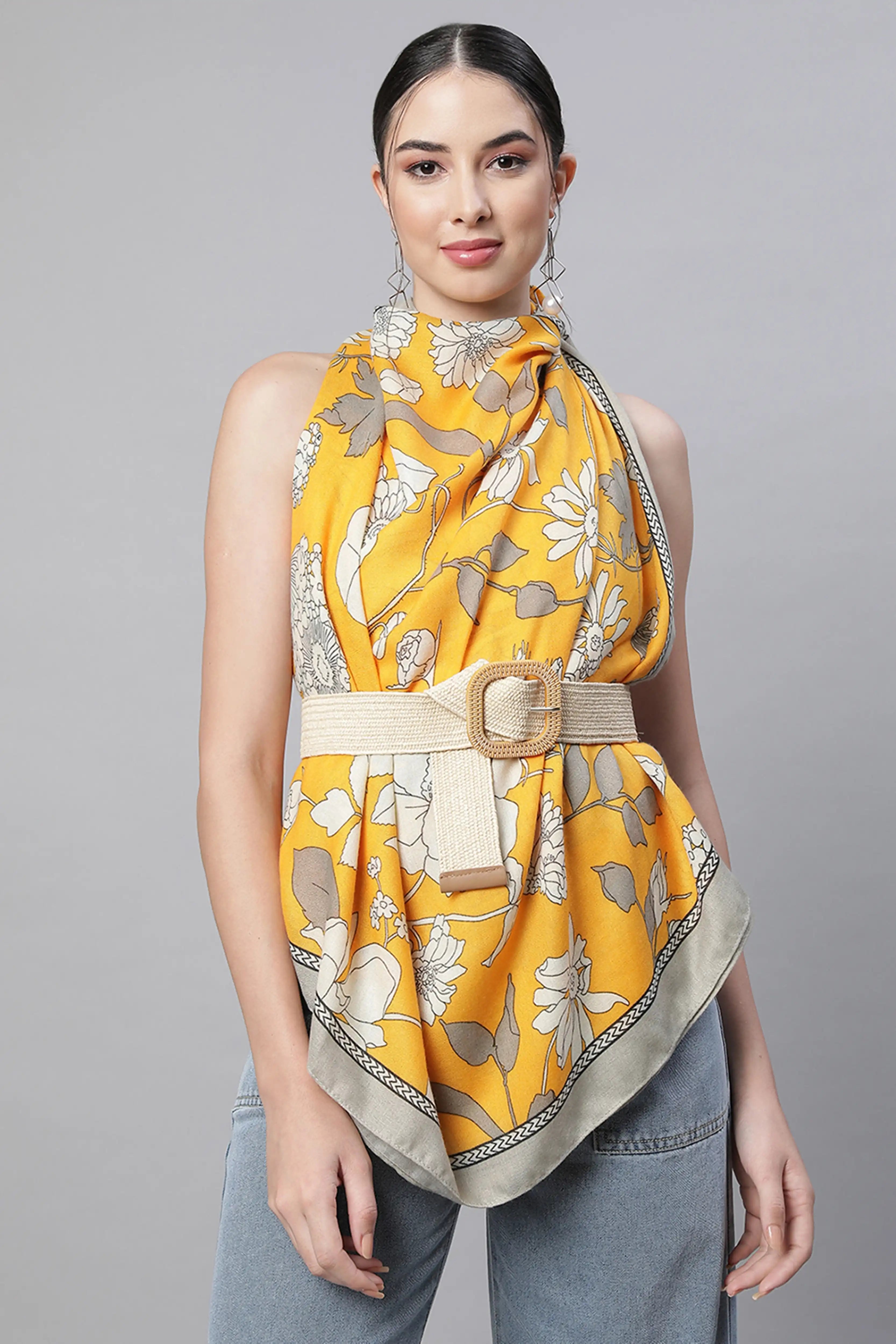 Women Malta Orange Floral Printed Stole