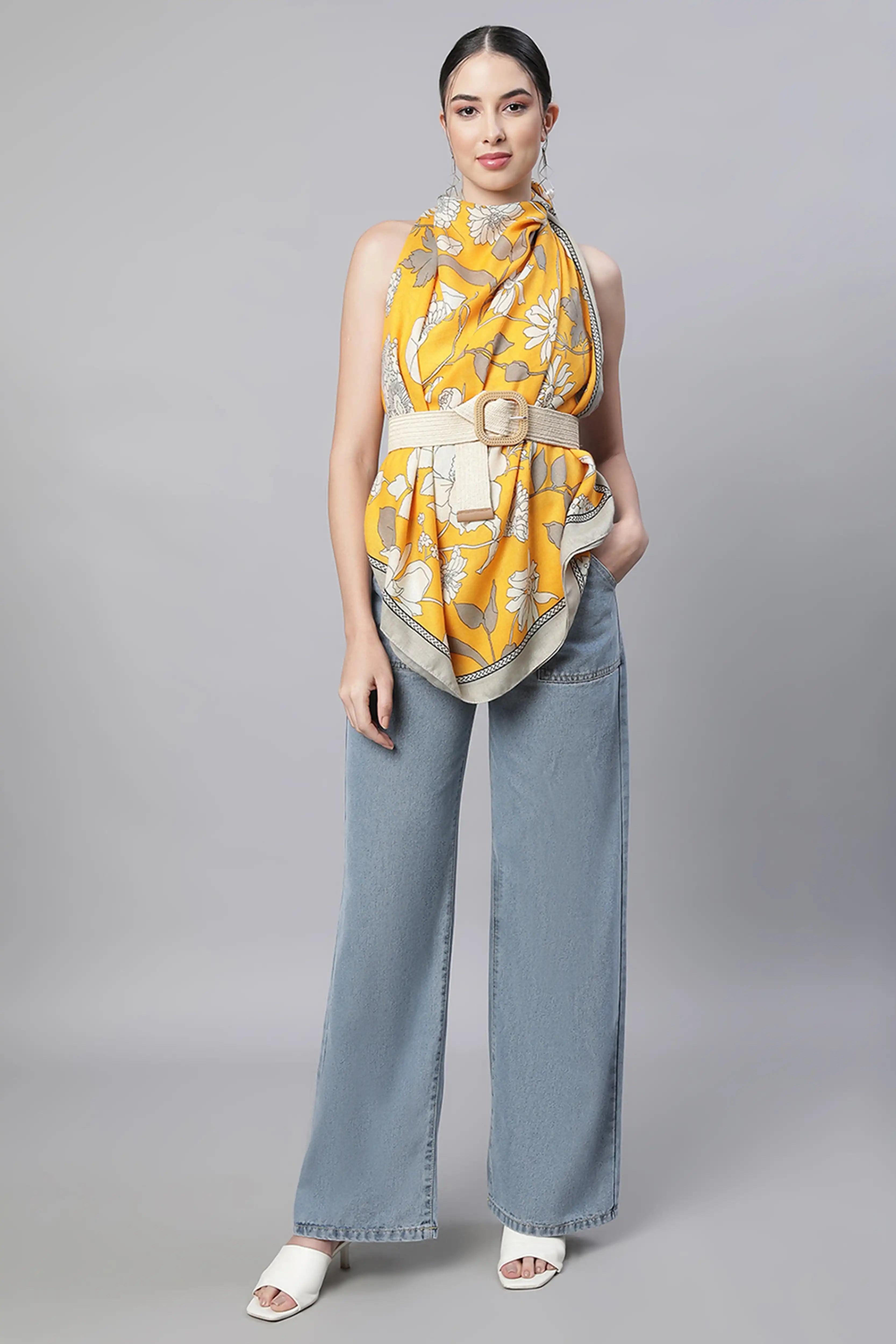 Women Malta Orange Floral Printed Stole