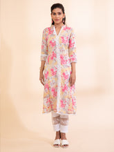 Women Mustard Cowl Neck Printed Kurta
