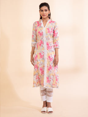 Women Mustard Cowl Neck Printed Kurta