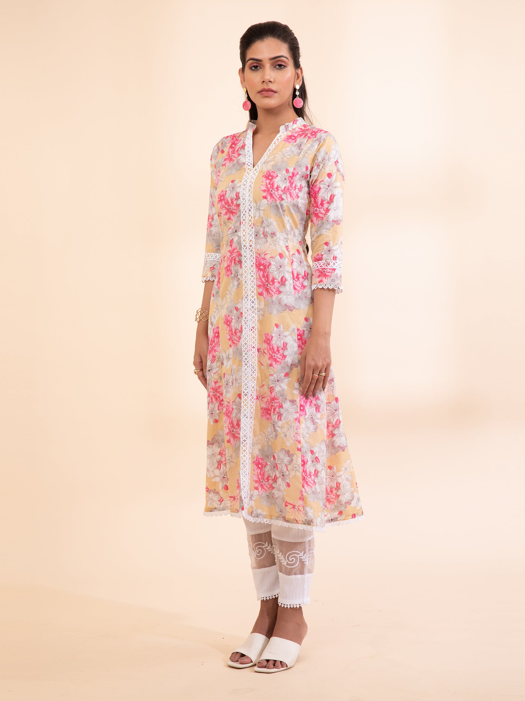 Women Mustard Cowl Neck Printed Kurta