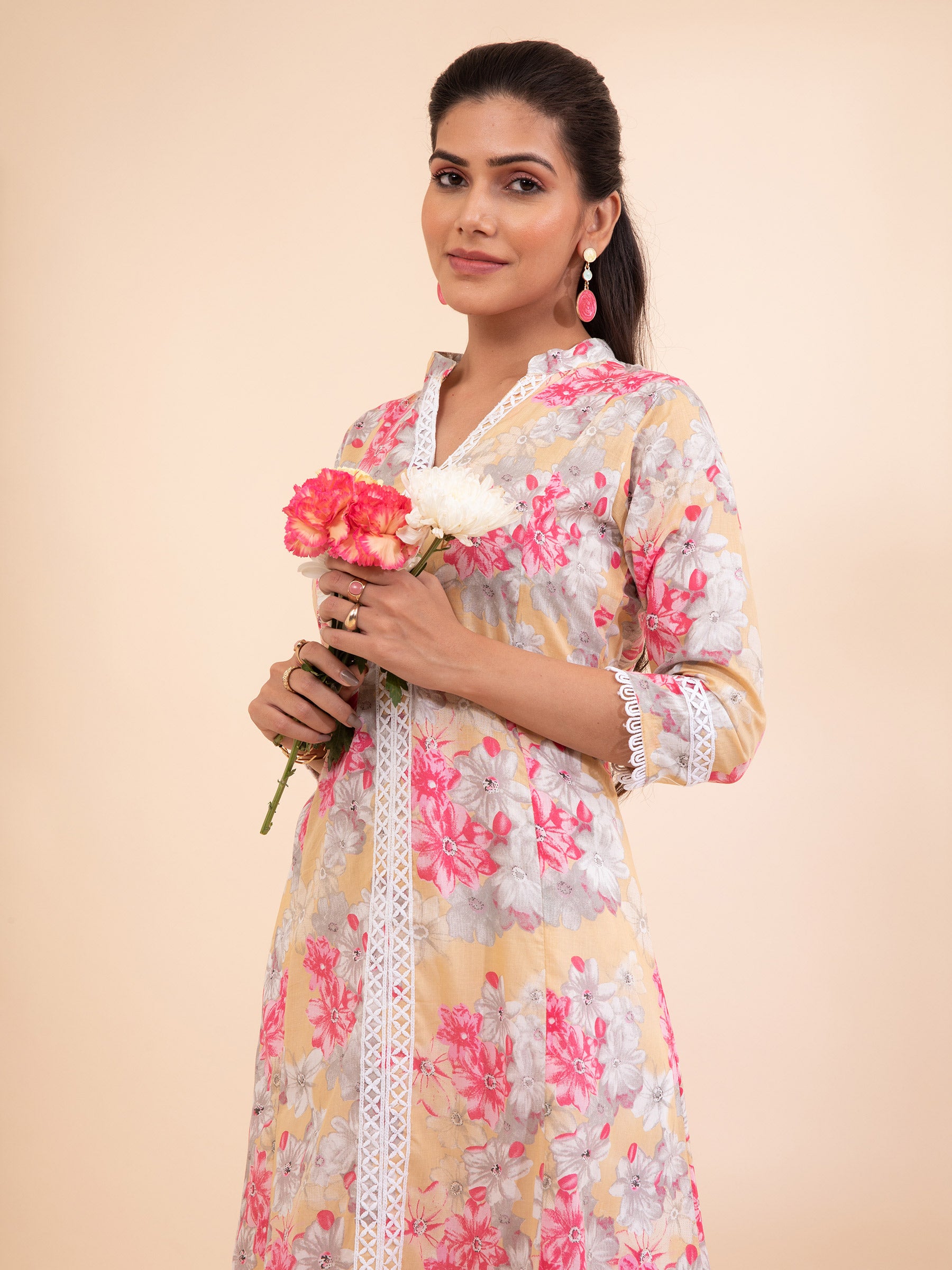 Women Mustard Cowl Neck Printed Kurta