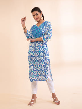 Women Blue V-Neck Printed Kurta