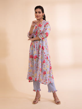 Women Blue Round Neck Printed Kurta Set