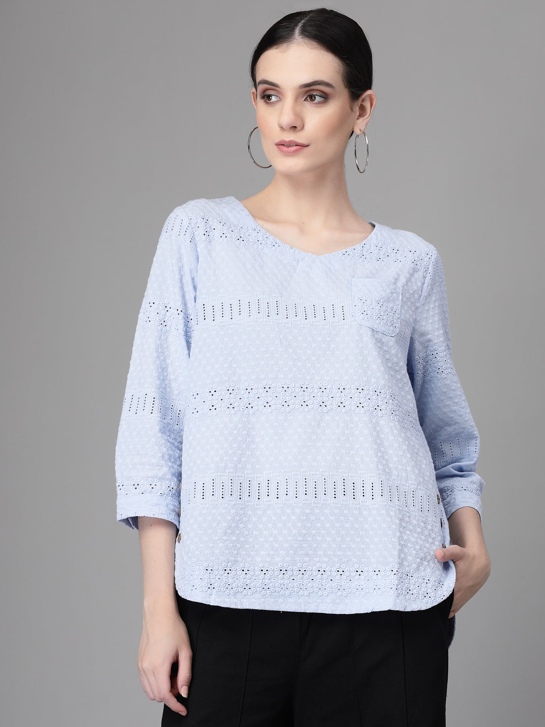 Women Regular-Fit V Neck Schiffli Embroidery Blouson Top - Global Republic