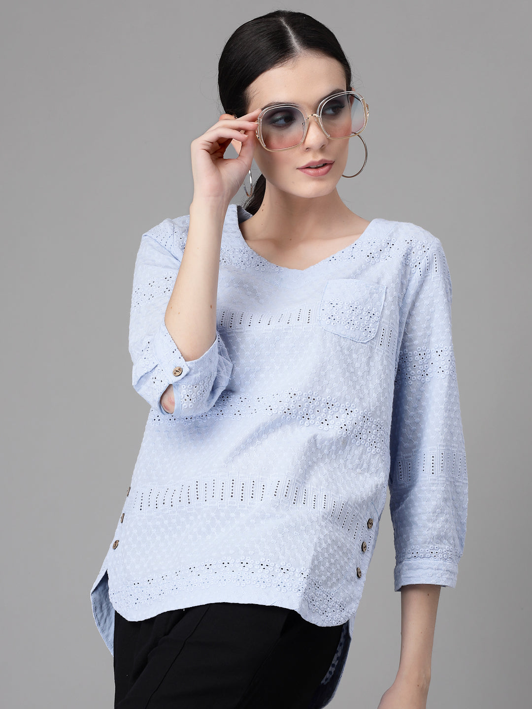 Women Regular-Fit V Neck Schiffli Embroidery Blouson Top - Global Republic