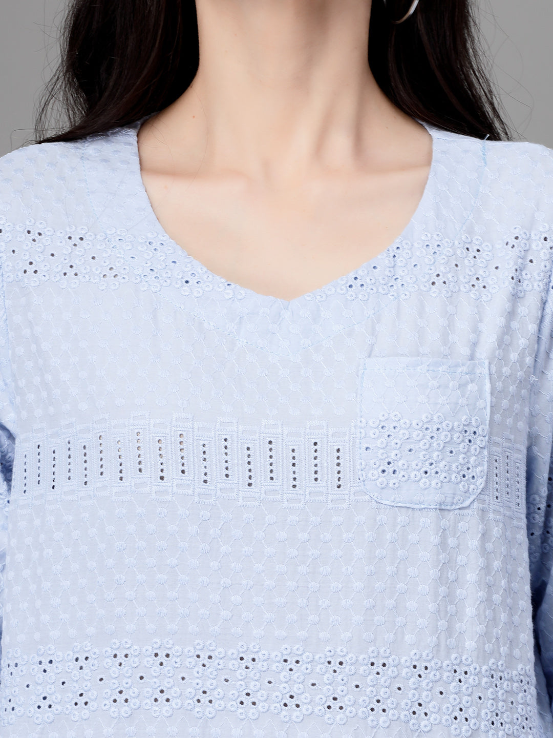 Women Regular-Fit V Neck Schiffli Embroidery Blouson Top