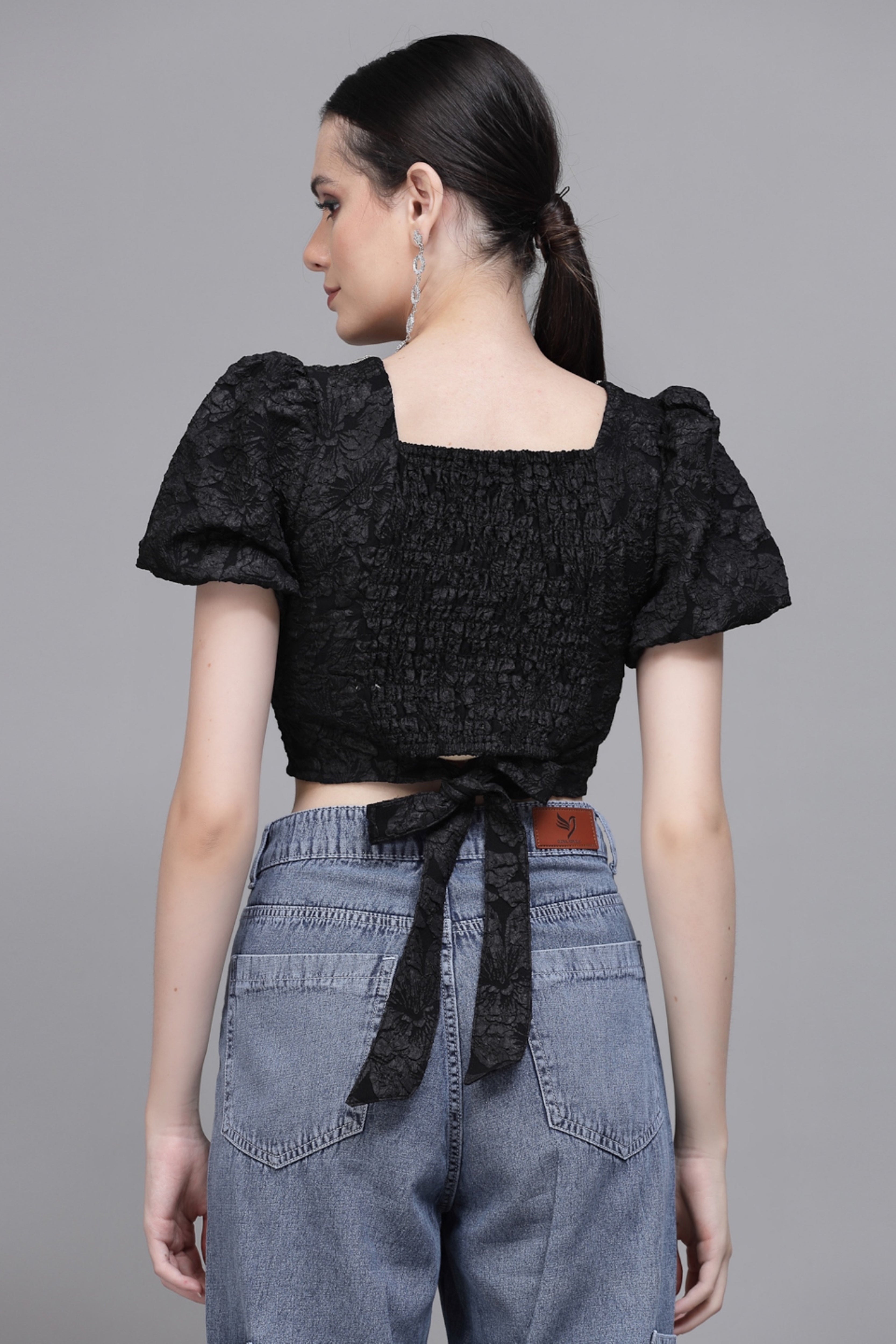 Black Jacquard Embellished Crop Top