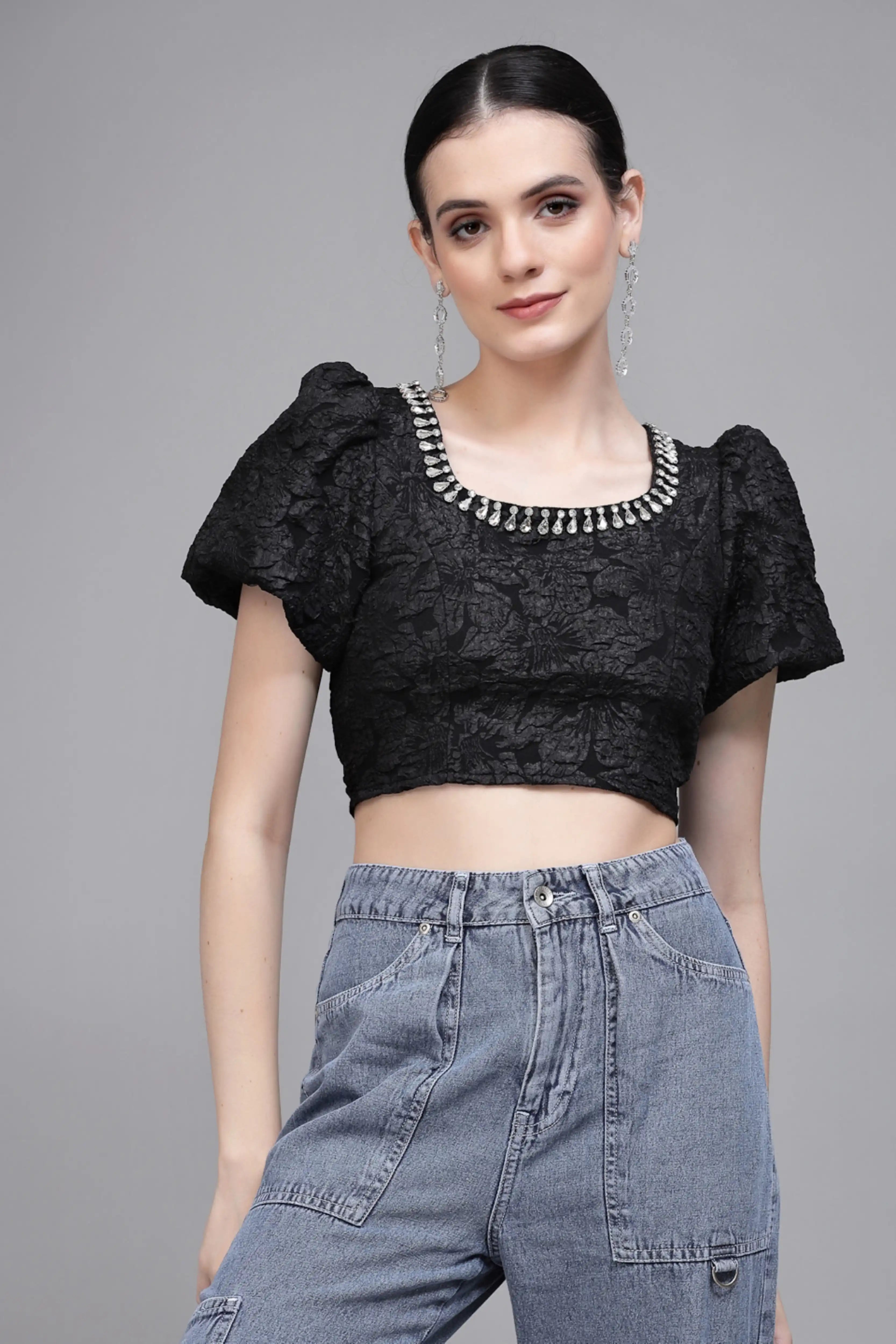 Black Jacquard Embellished Crop Top